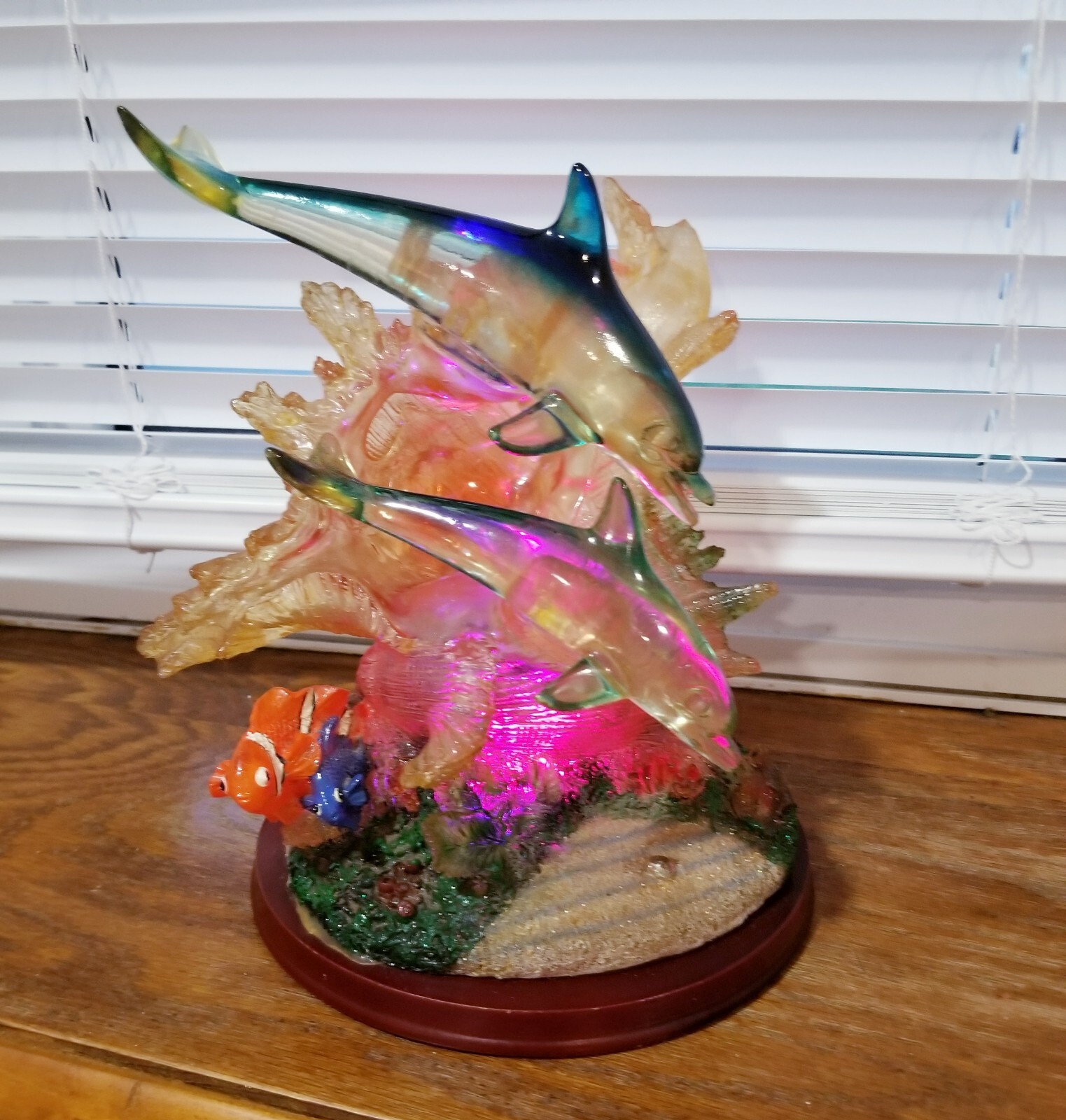 Dolphin Sea Life Coral Light Up Coloring Changing Sculpture On Wood Base