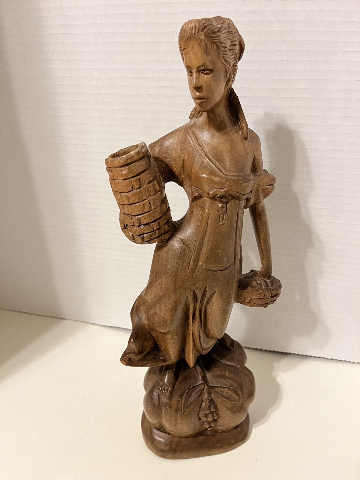 Vintage Renaissance Wood Sculpture Lady With Baskets
