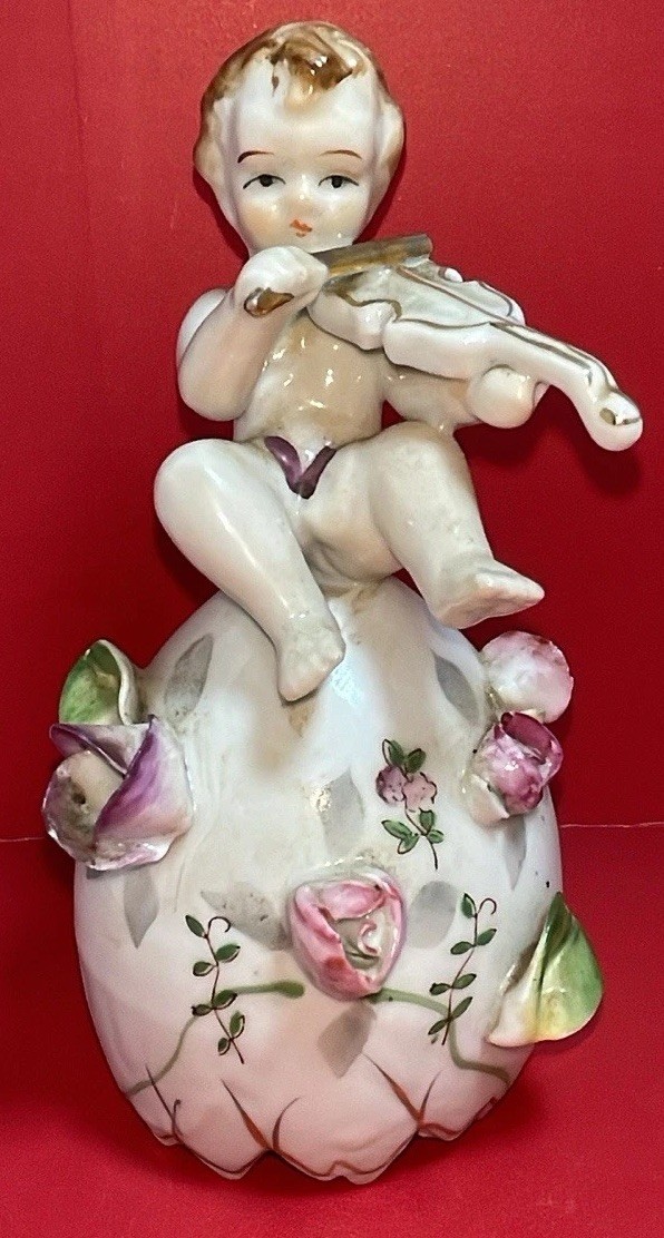 UCAGCO Ceramics Boy Cherub Playing Violin Bell 2.5″ x 2.7″ and 5.4″ tall Japan