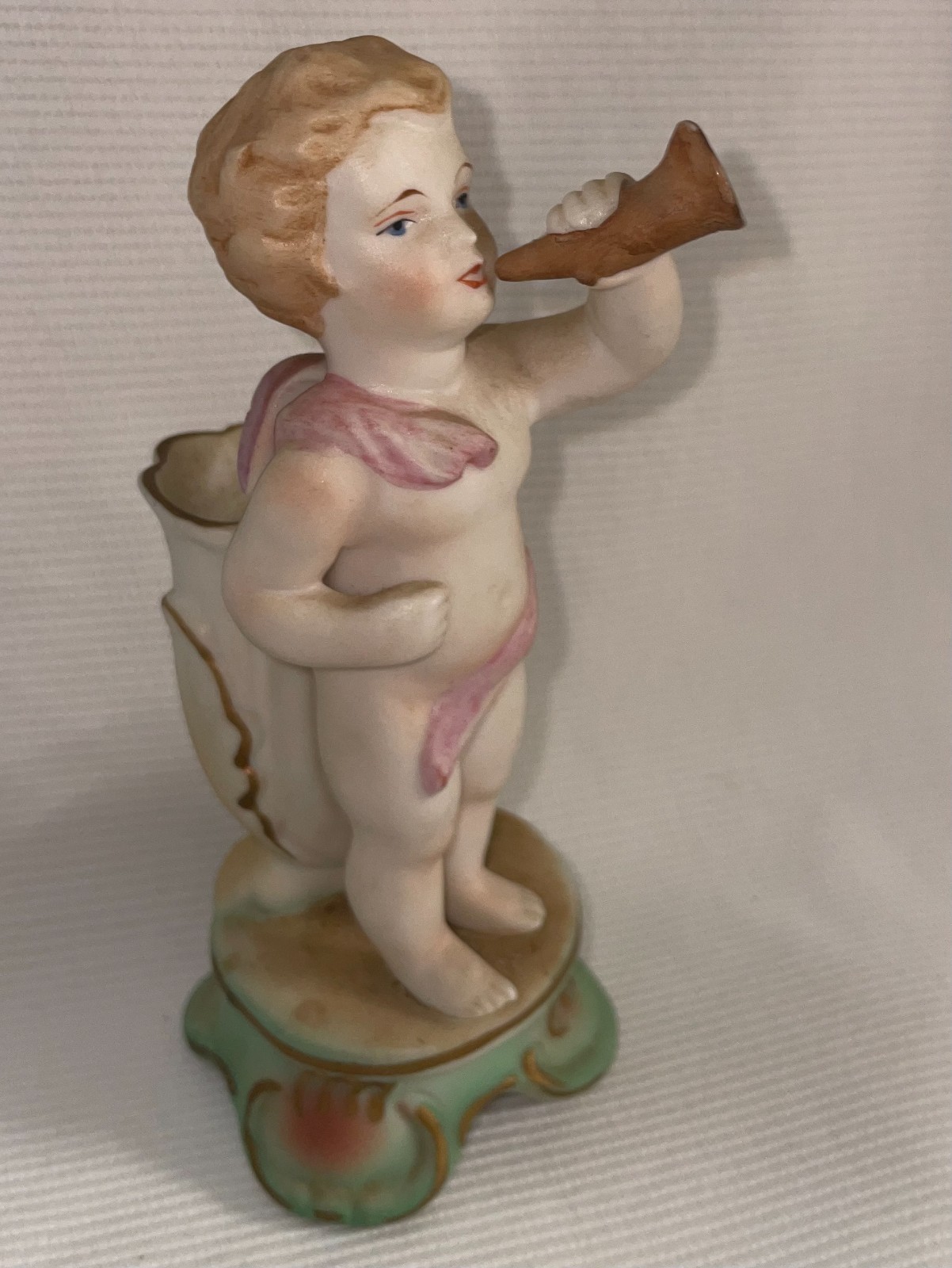 Bisque Porcelain Bud Vase Cherub Figurine Playing A Horn Occupied Japan