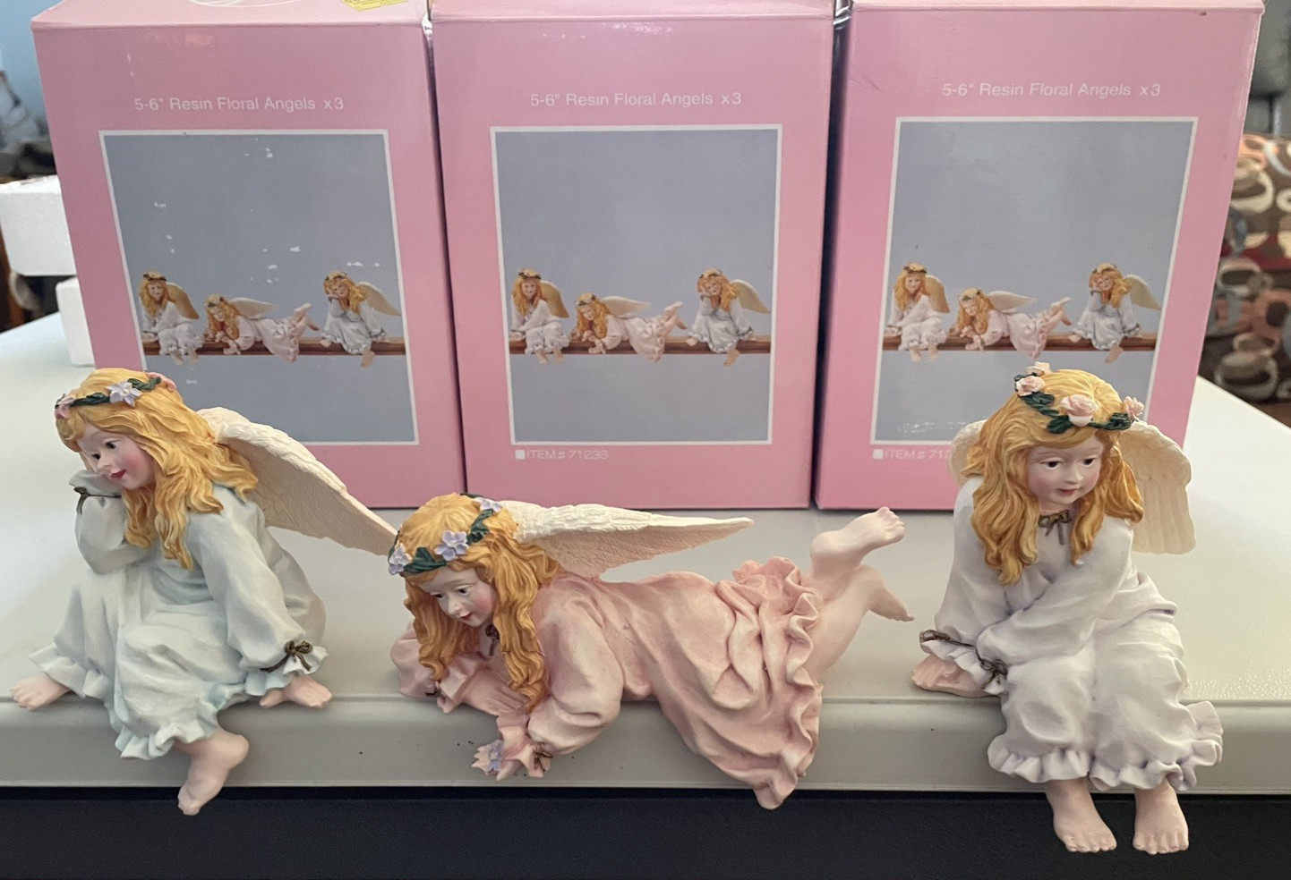 Set of 3 Pacific Rim Floral Resin Angel Shelf Sitters 6 Inch Vintage Figurines