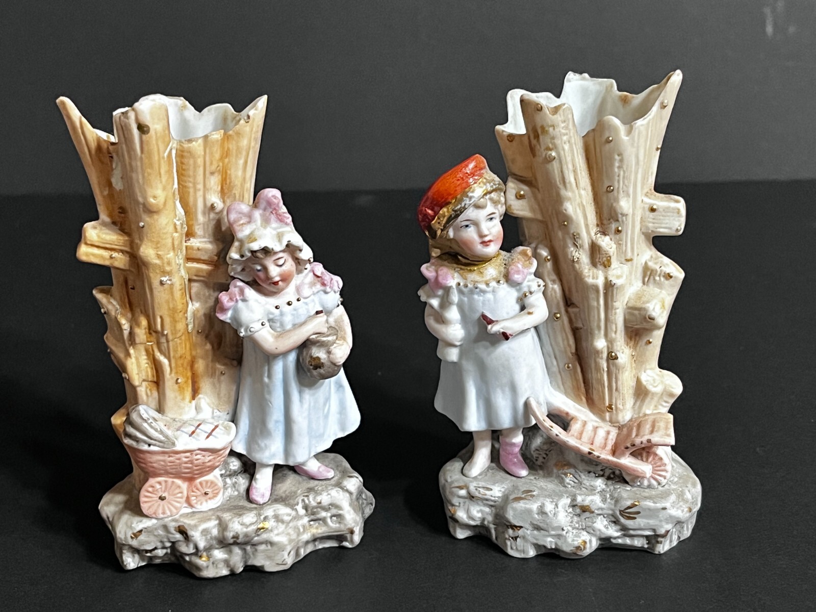 Antique Bisque Porcelain Girl Figurine Spill Vase ~ Set of 2 ~ 4.75″H ~ Repaired