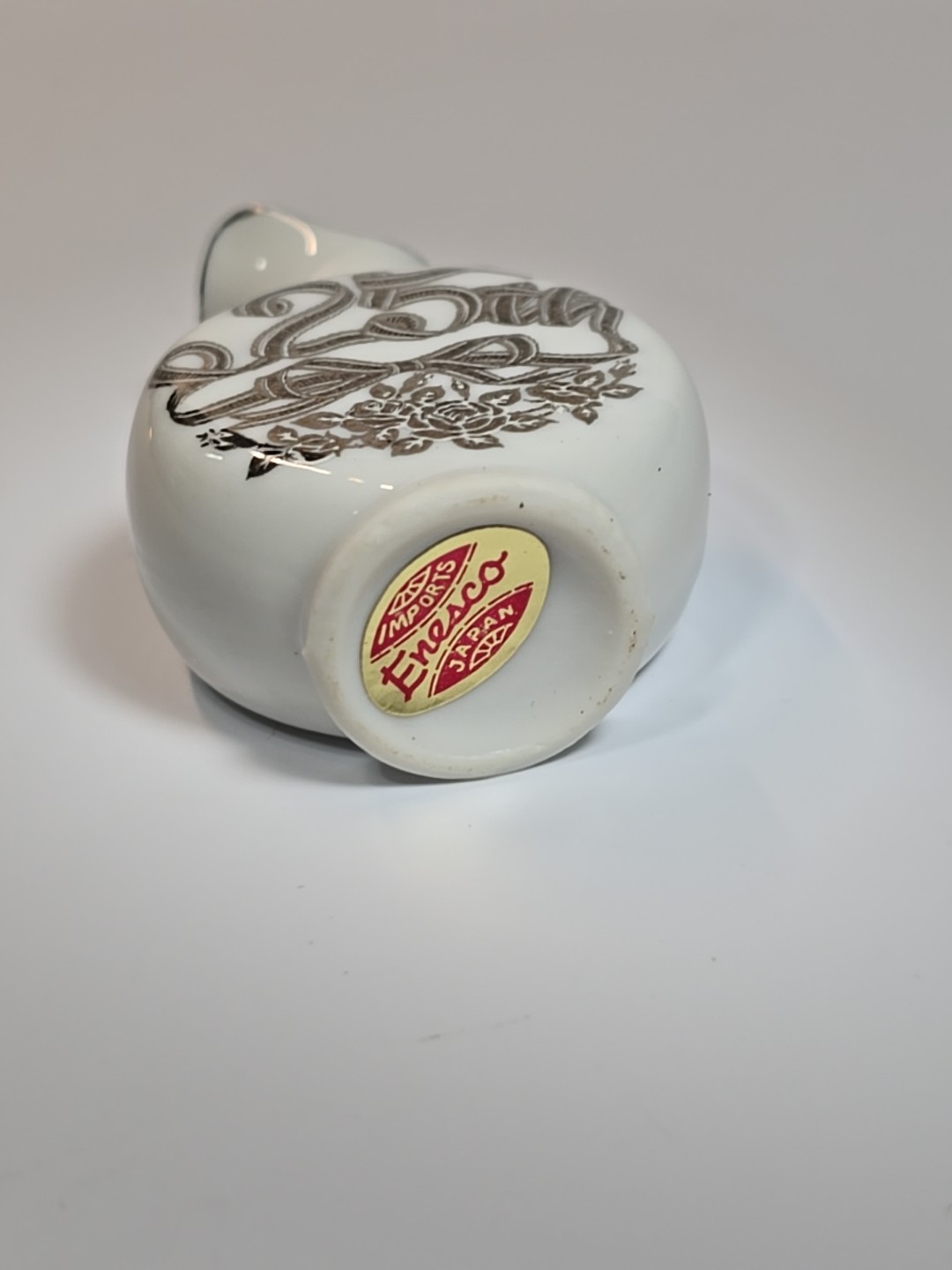 Enesco 25th Anniversary Miniature Pitcher White Ceramic Silver Color Lettering