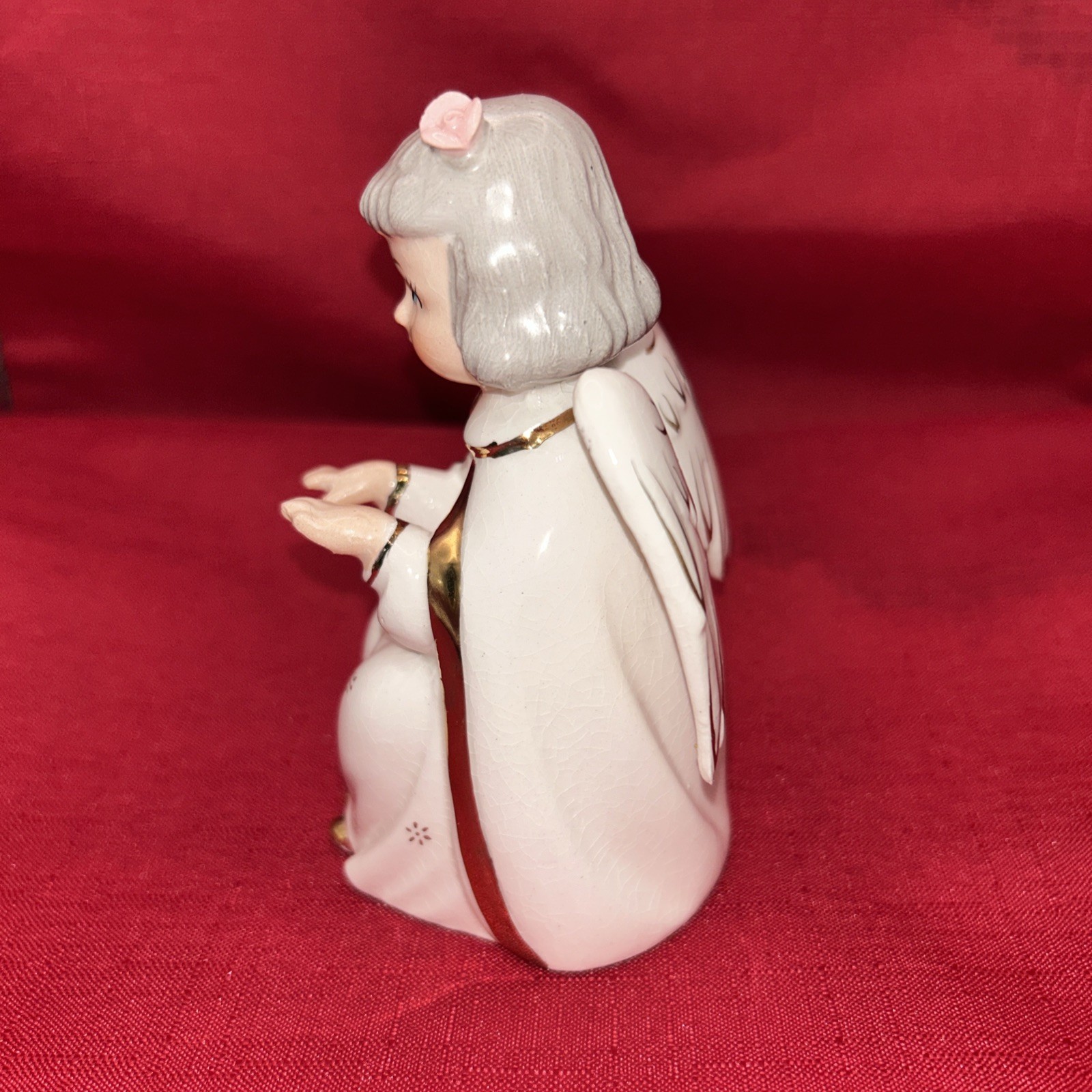 Vtg Fine A Quality Christmas Angel Playing Gold PIPE ORGAN Pink Rosette