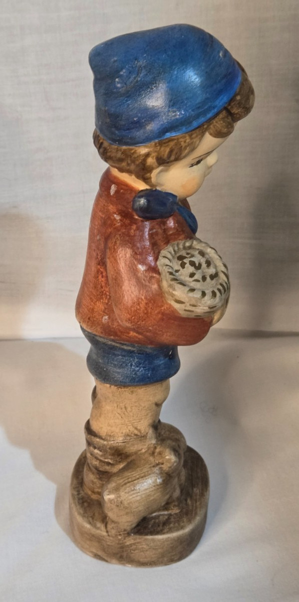 Vintage Chalkware Figurine Hand-Painted Farmers Boy with Pig Hummel Style 8″