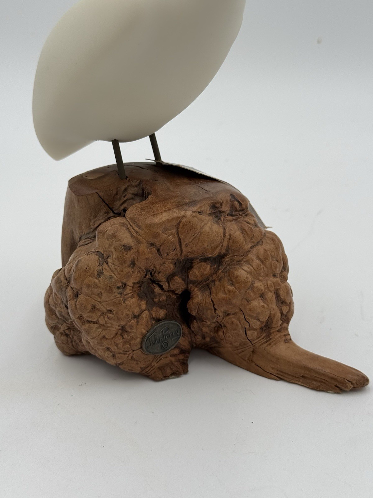 Vintage Authentic John Perry Pelican Bird On Burl Wood Statue Sculpture