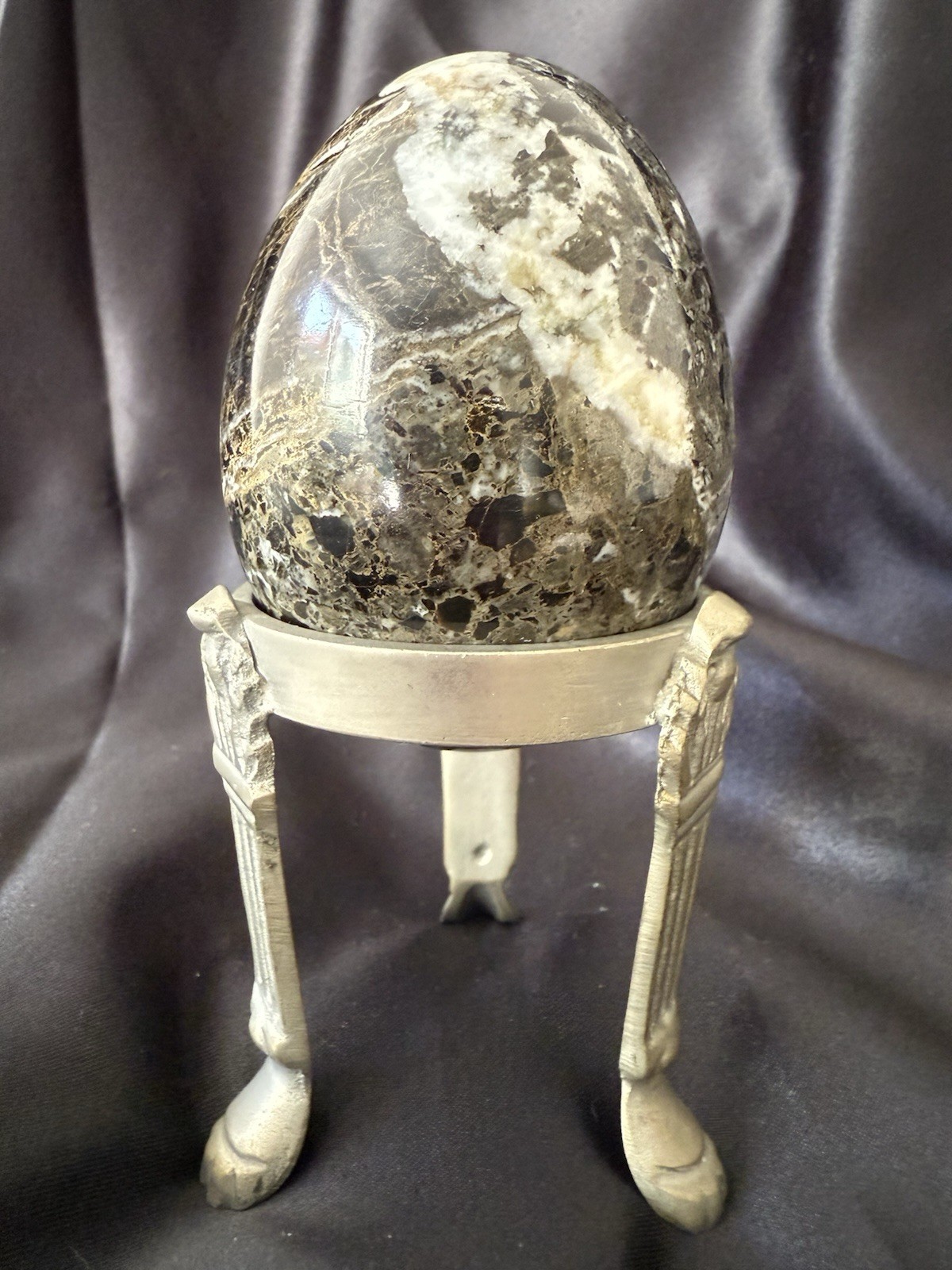 Large Vintage Stone Egg Sculpture on Metal Tripod Stand Mid Century Decor