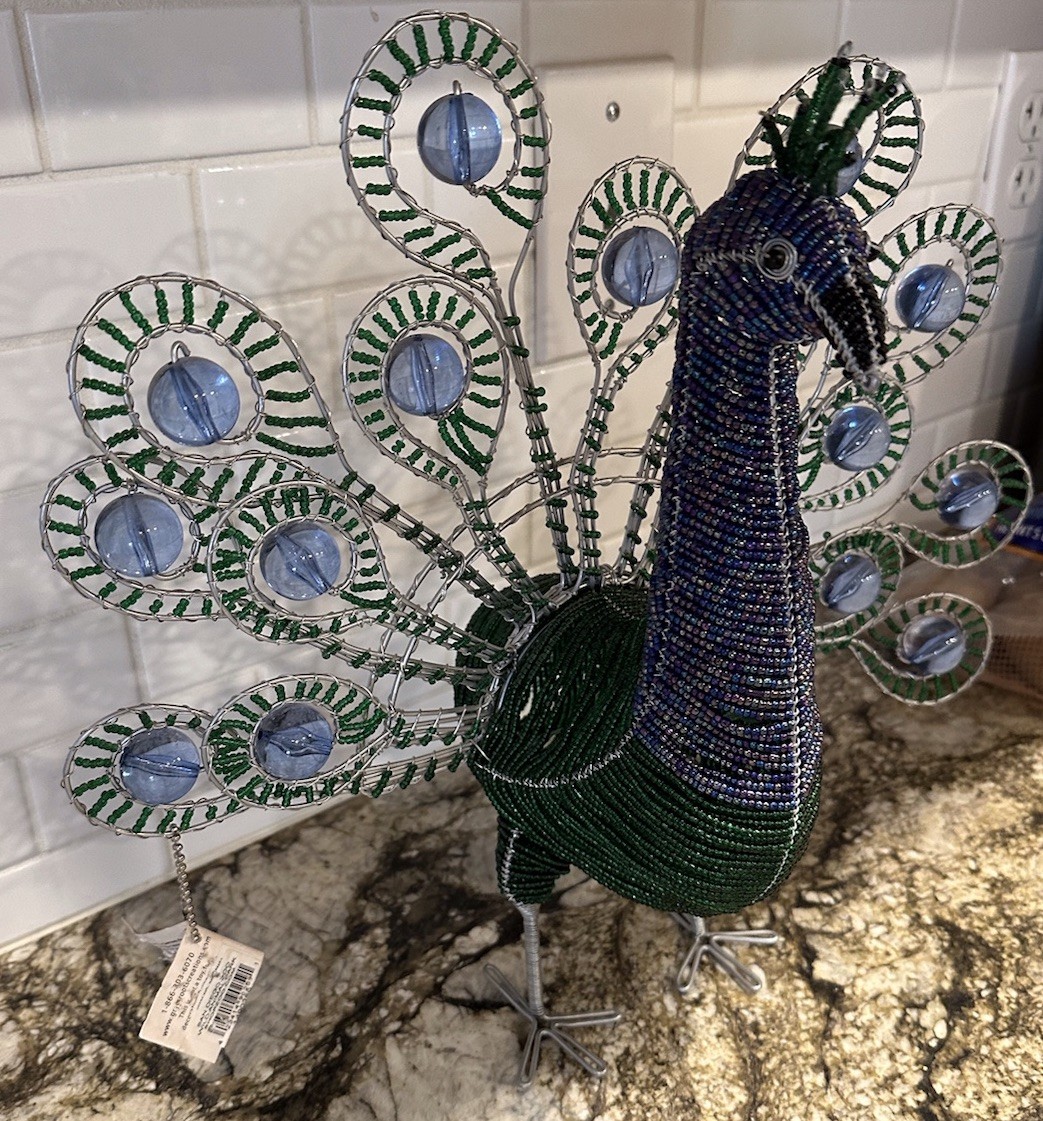 Beadworx Beaded Peacock Figurine Wire Glass Beads Art Freestanding Bird 16×13