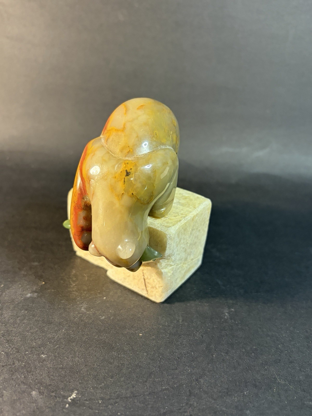 Small Carved Alabaster? Stone Bear With Fish On Stone Platform ( Crack) 3.25”