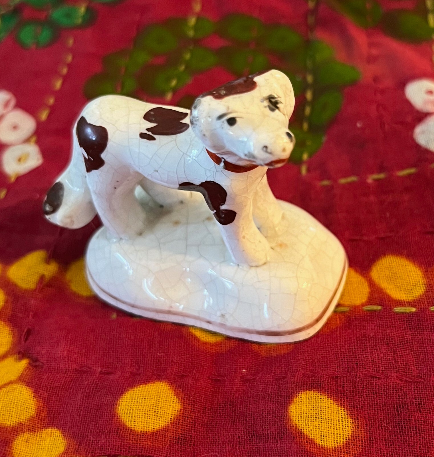 Antique White and Brown Spaniel with Red Collar, Hollowed Base