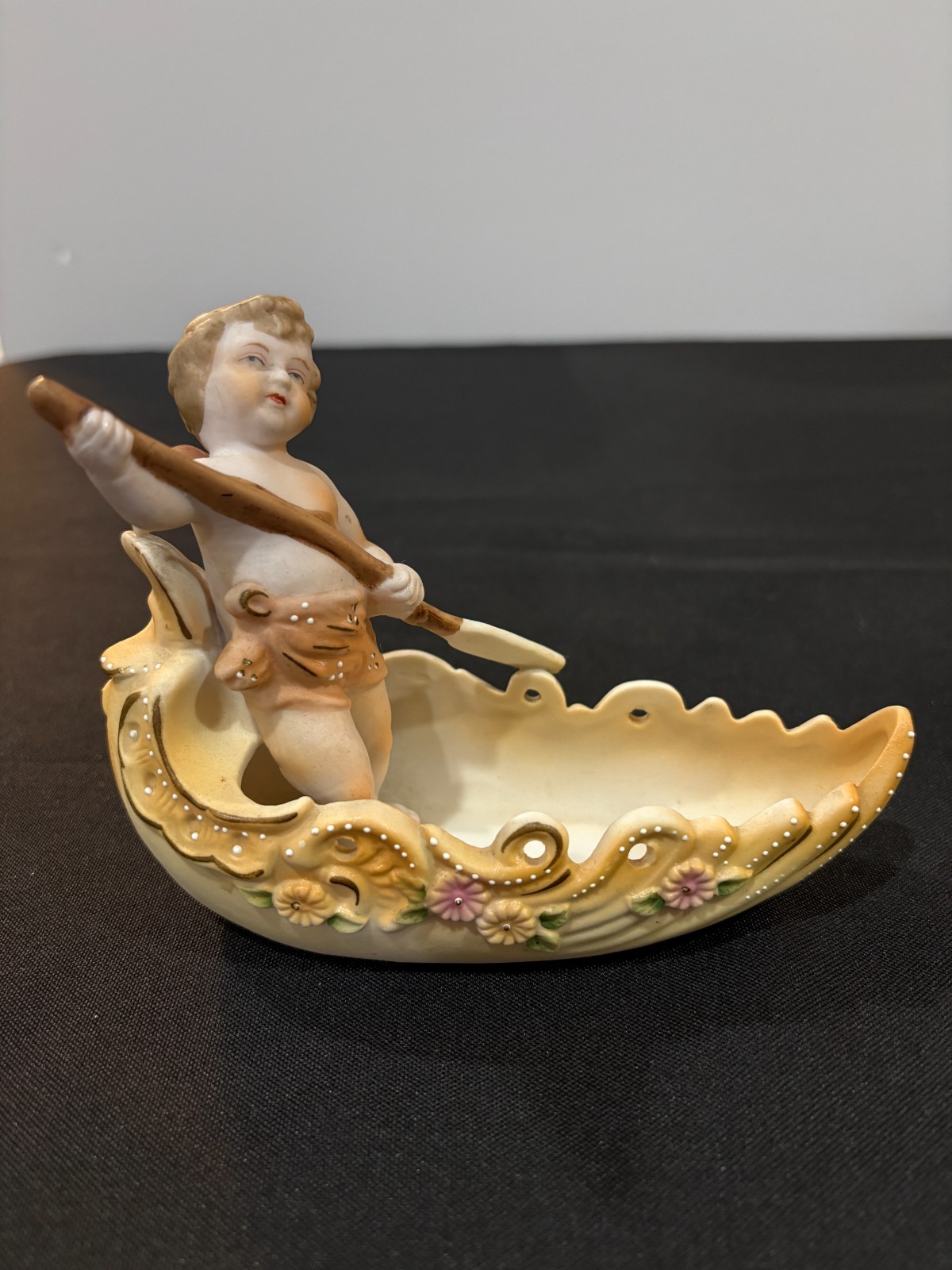 Vintage Ardalt Japan 6365 Bisque Porcelain Cherub Rowing Boat Figurine Planter