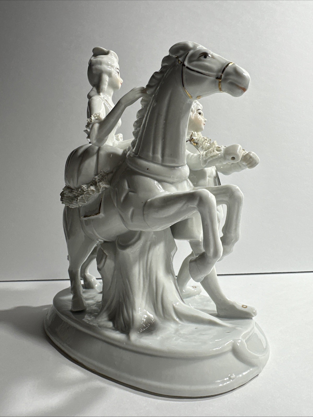 Vintage Victorian Couple Figurine Women On Horse White & Gold Porcelain