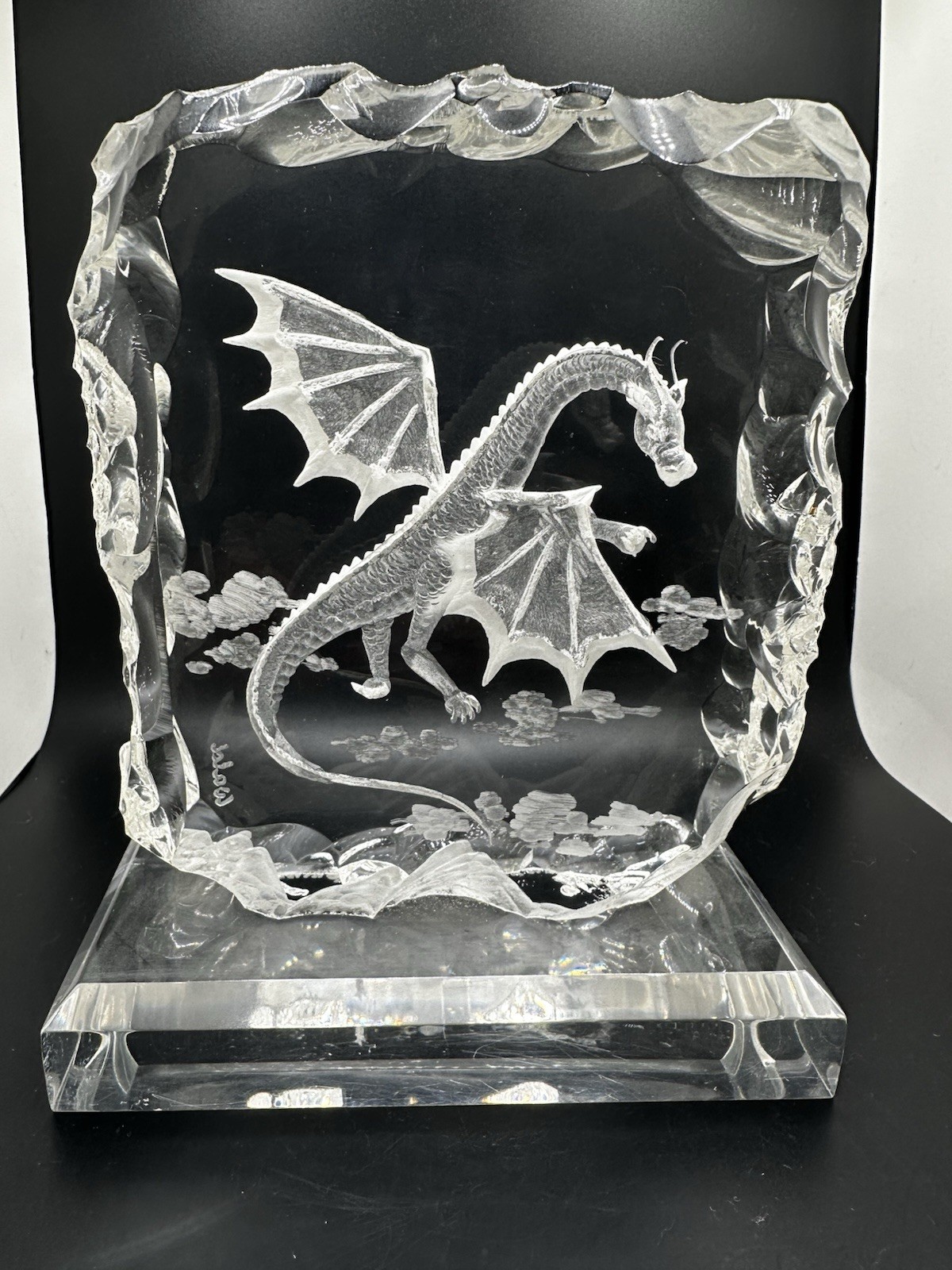 Vintage Wald 80’s Hand Carved Reverse Etched Dragon In Flight Lucite Sculpture