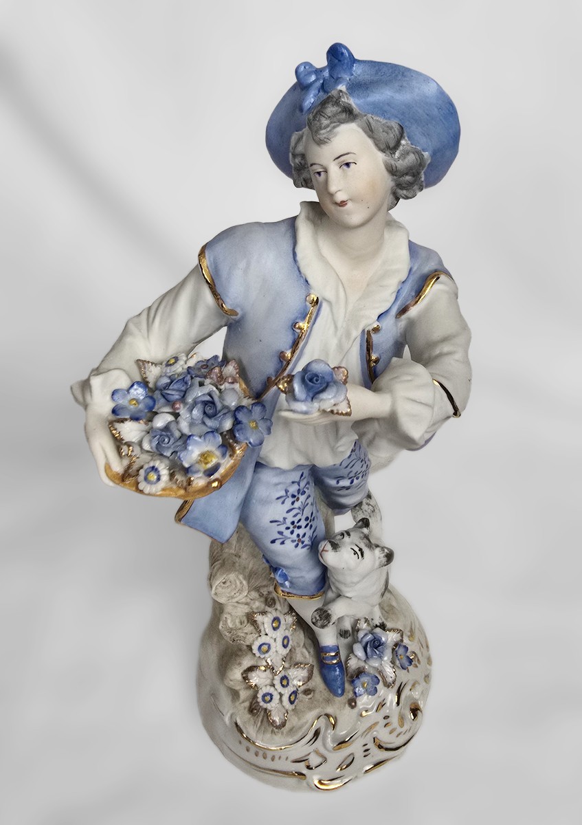 11″ Antique Sitzendorf Shepherd & Shepherdess Figurine Pair, c.1890s, Germany