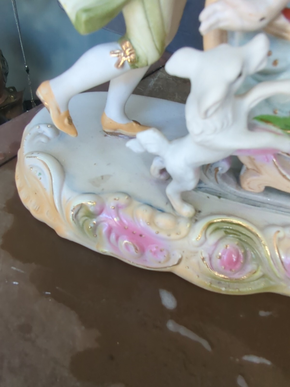 Antique Victorian Bisque Fancy lady man dog Figures Figurine German Statue
