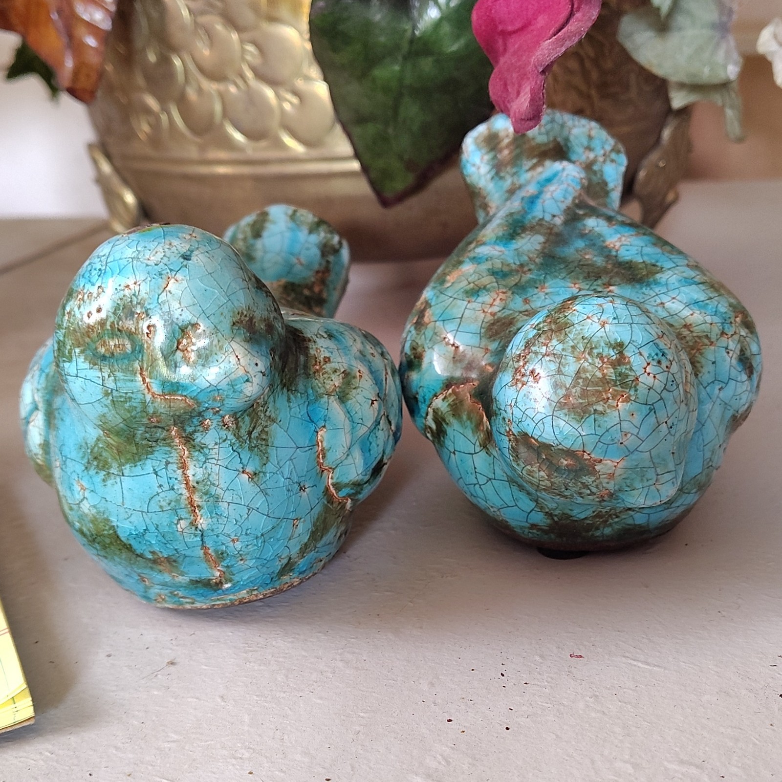 Turquoise Crackle Ceramic Bird Figurines Pair Decorative Collectible