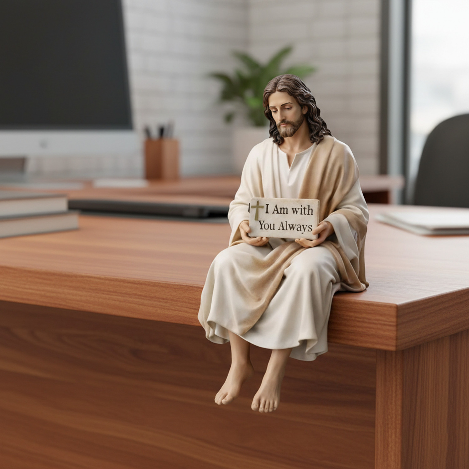 Jesus-Resin Desk Figurine with“I Am with You Always”Sign Handmade Sitting Statue
