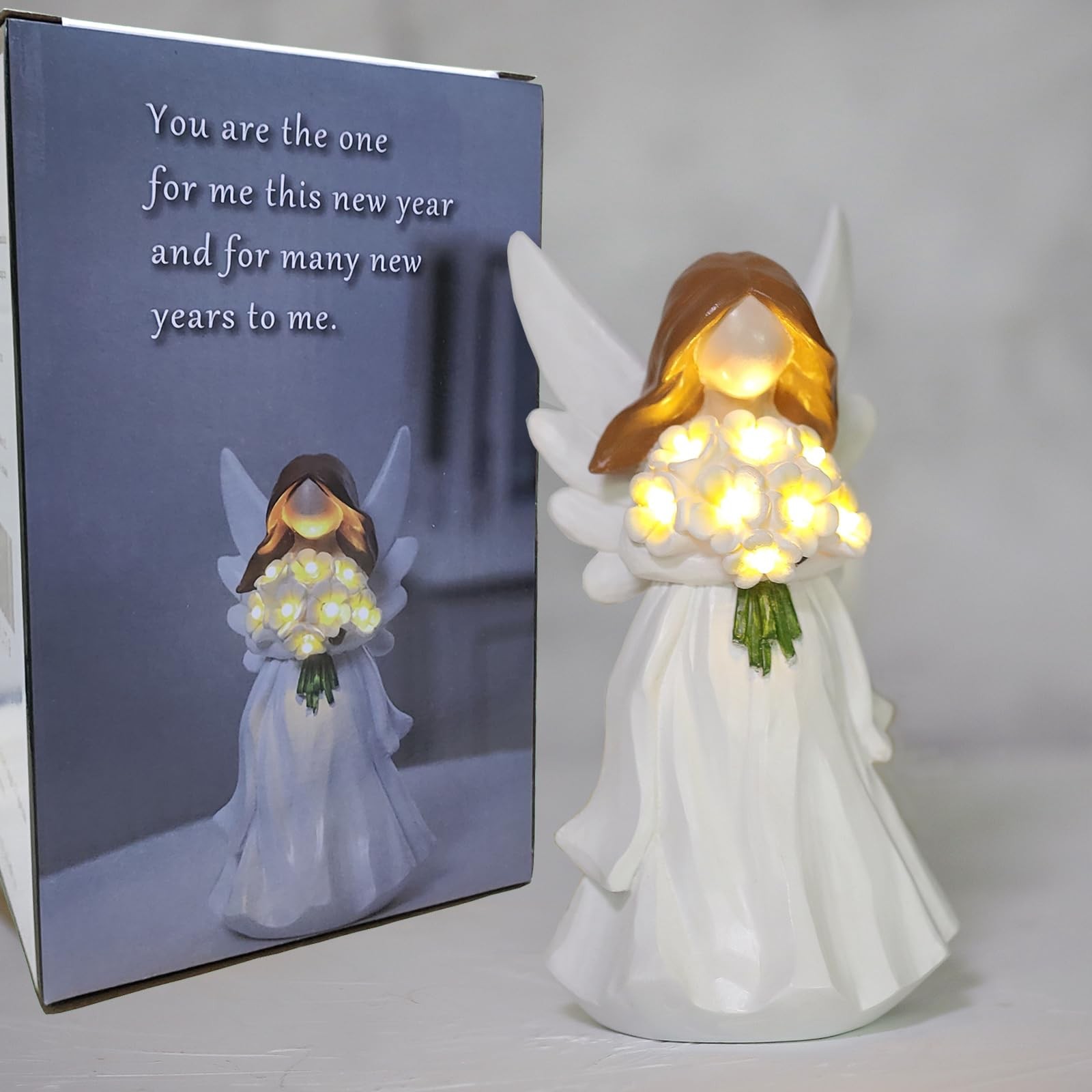 Hand Painted Angel Figurine 6.69in 8 LED Warm White Light Remote Timer Nightlite