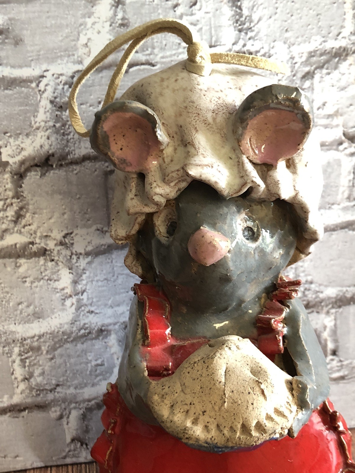 Vtg Chunky Primitive Pottery Folk Art Mouse Pie Bell Figurine Anthropomorphic