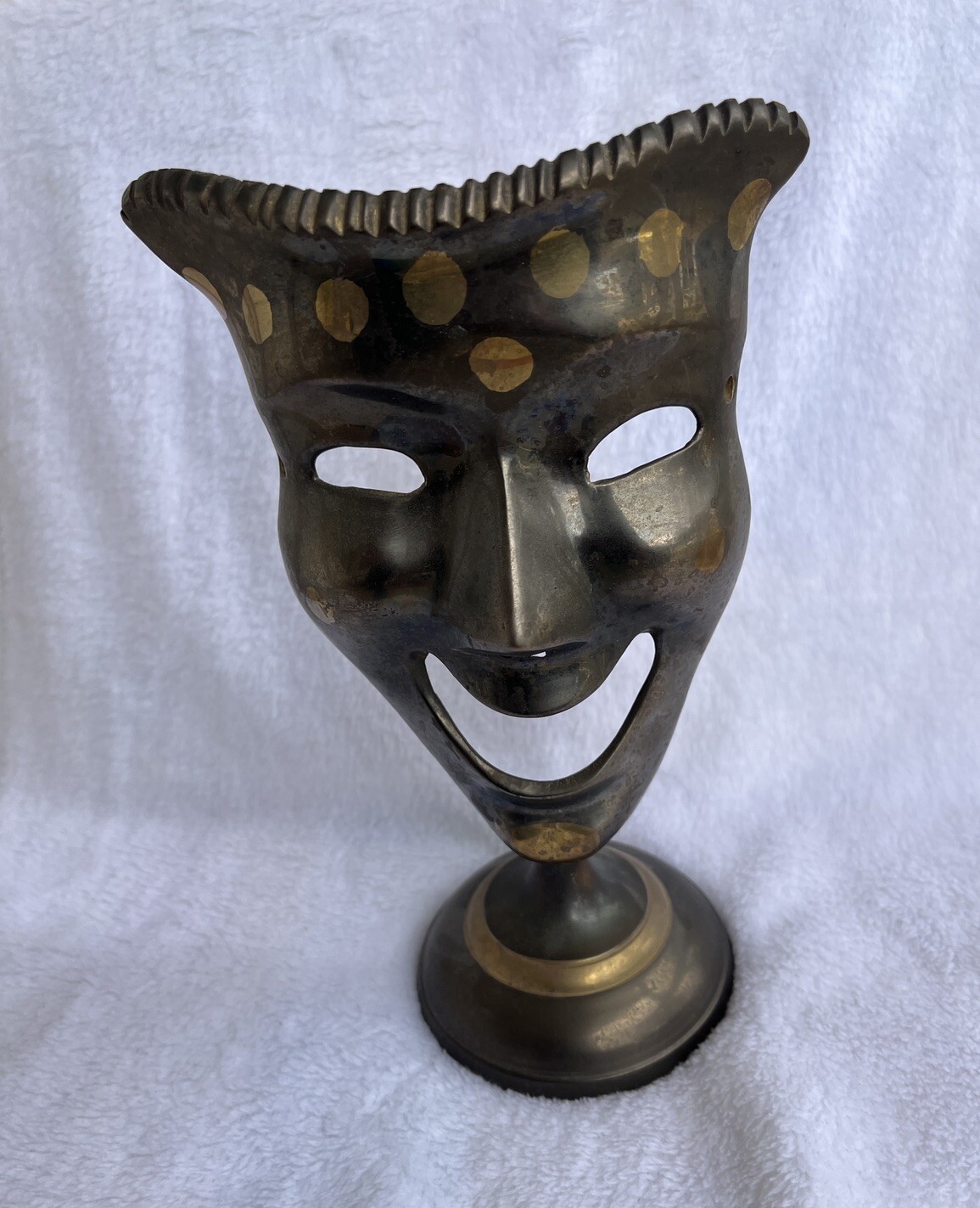 Vintage Brass Face Mask On Pedestal/Stand Sculpture 8.5” Tall