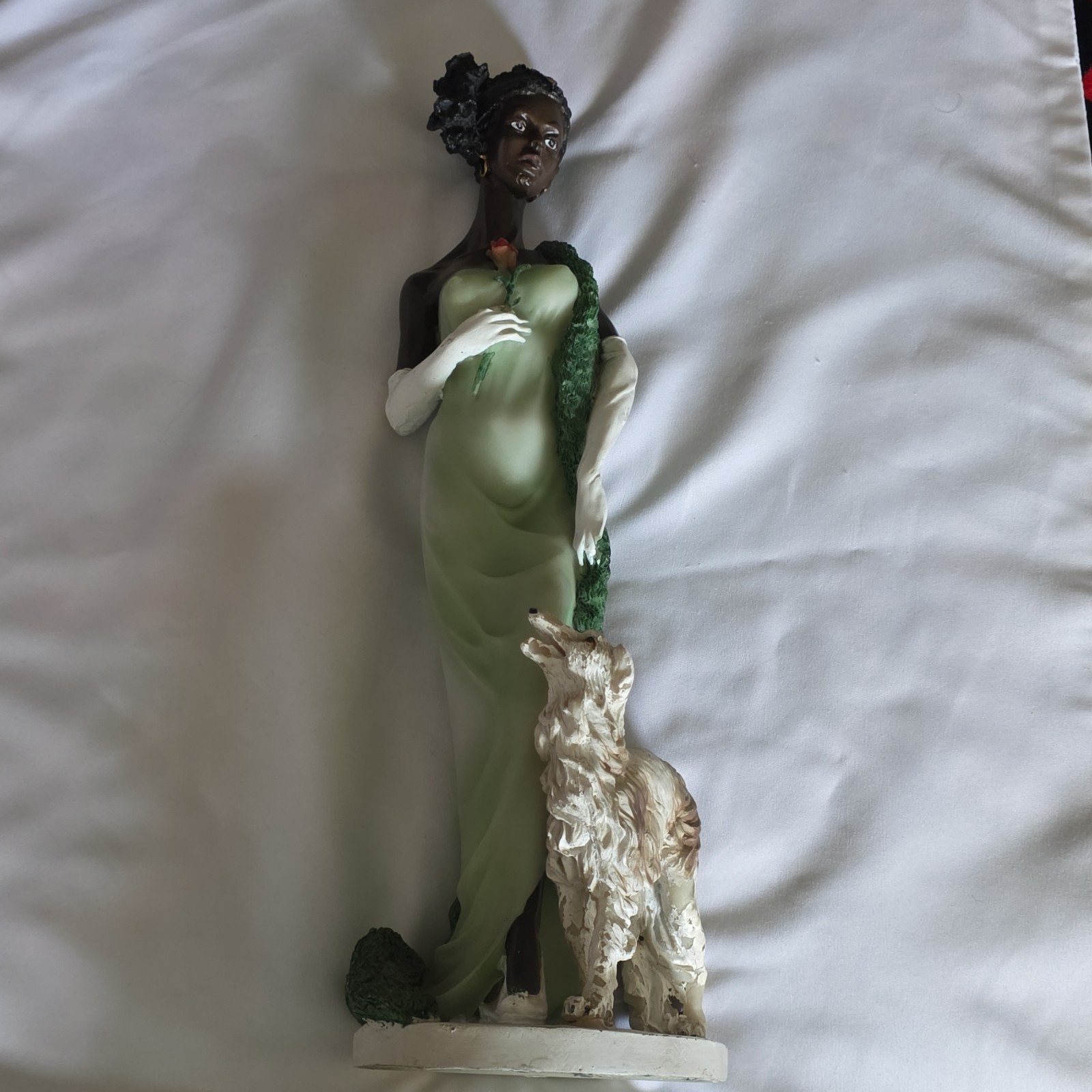 Resin Figurine Woman in Green Dress with Dog Romantic People Sculpture