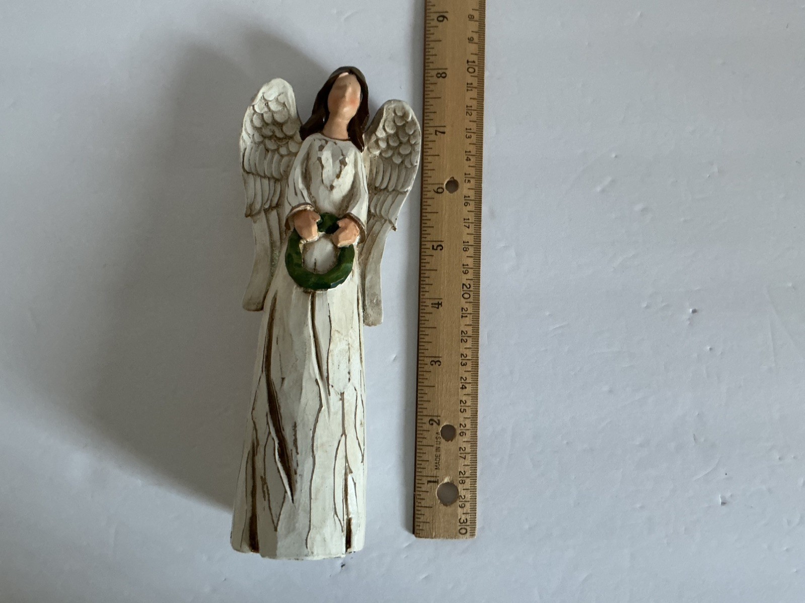 Silent Night Angel in White holding Green Wreath – Beautiful 8″ Tall Wood Resin