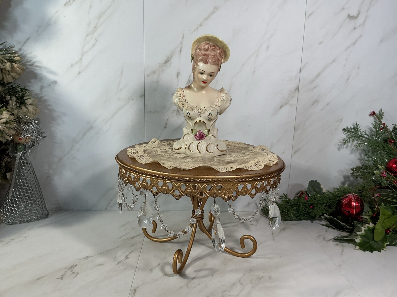 Vintage Porcelain French Victorian Lady W/Hat Bust Figurine 7″~Ruffled Porcelain