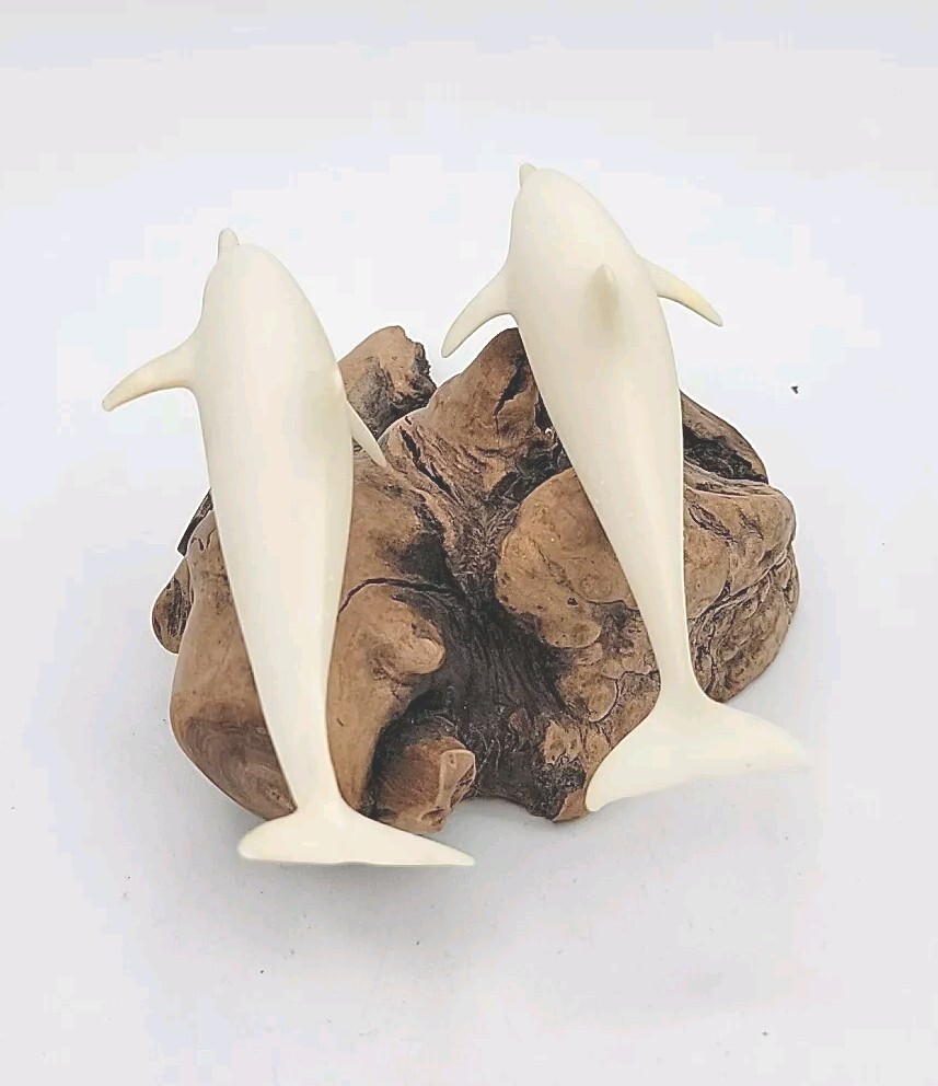 John Perry 2 White Dolphin Figurines On Burl Driftwood Sculpture Signed