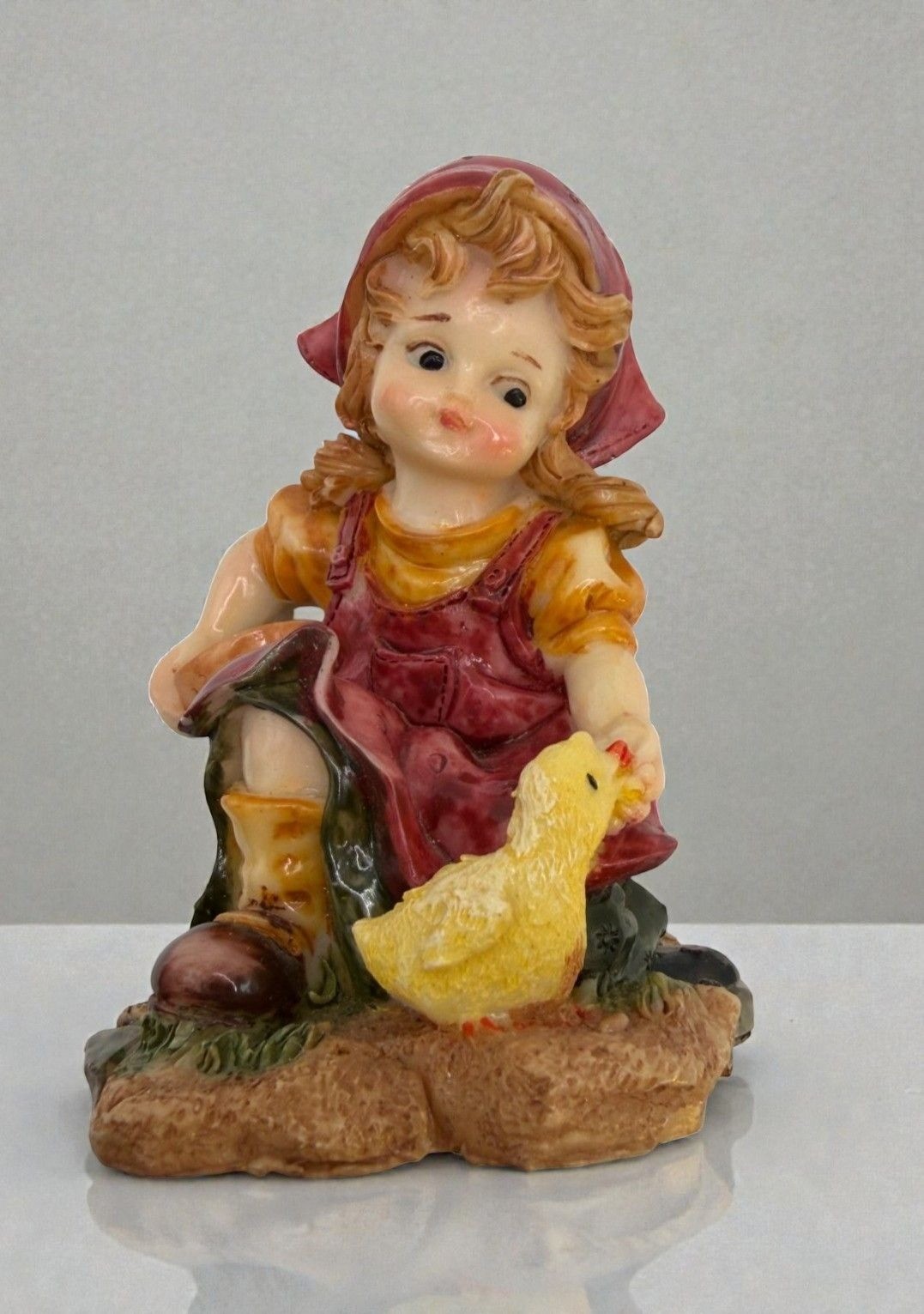 Vintage Country Farm Girl Figurine Feeding the Chickens Peasant Rustic