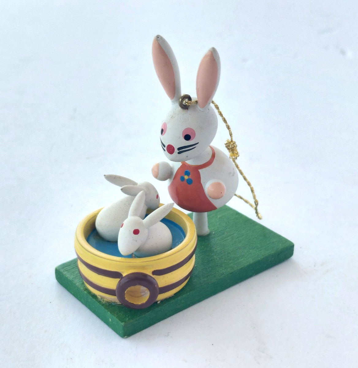 Vintage Goula Wood Christmas Easter Ornament Figurine Bunny Washtub