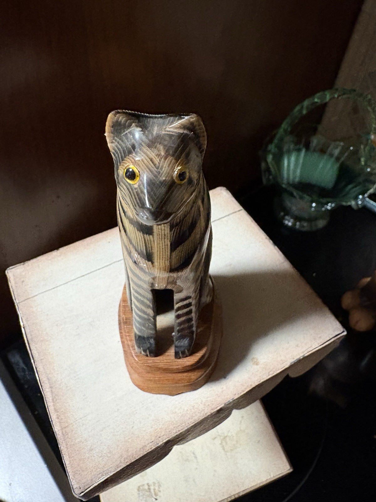Carved Wooden Striped Cat Figurine Made in Thailand 7 in Tall Brown Black Unique