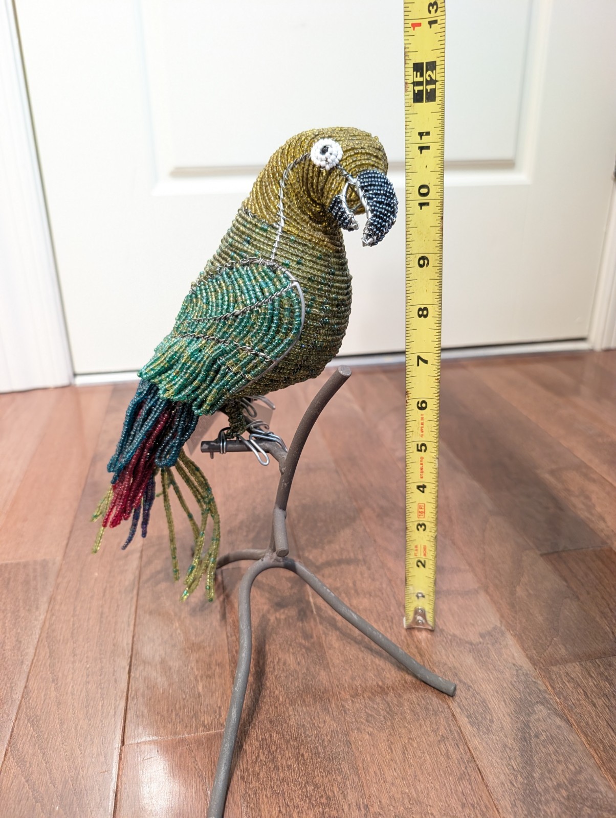 Grass Roots BeadWorx Beaded Wire Sculpture Green Parrot Bird ~11” X 9” X 7″