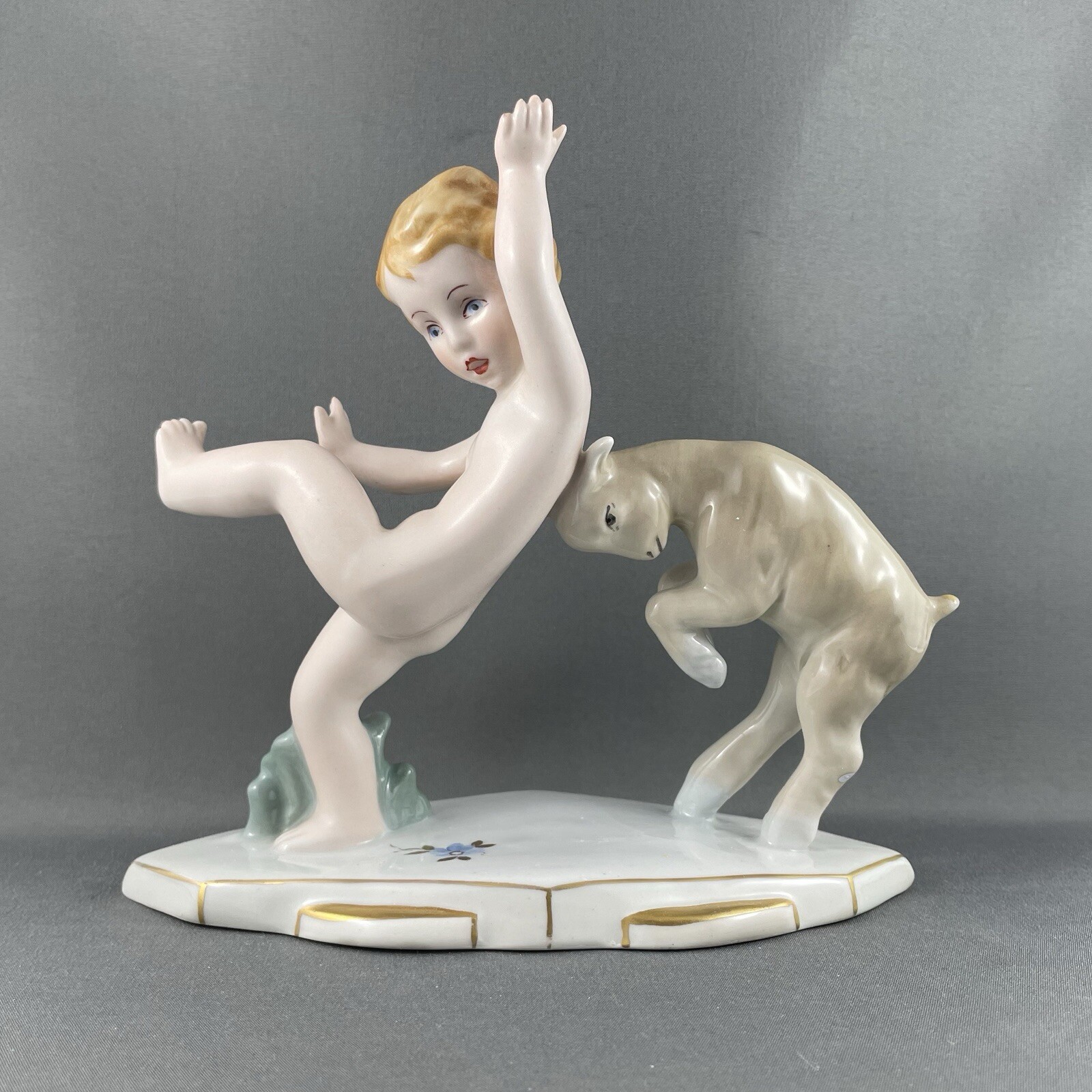 Royal Dux Figurine, Boy, Cherub, Putti with Goat, 6″ L