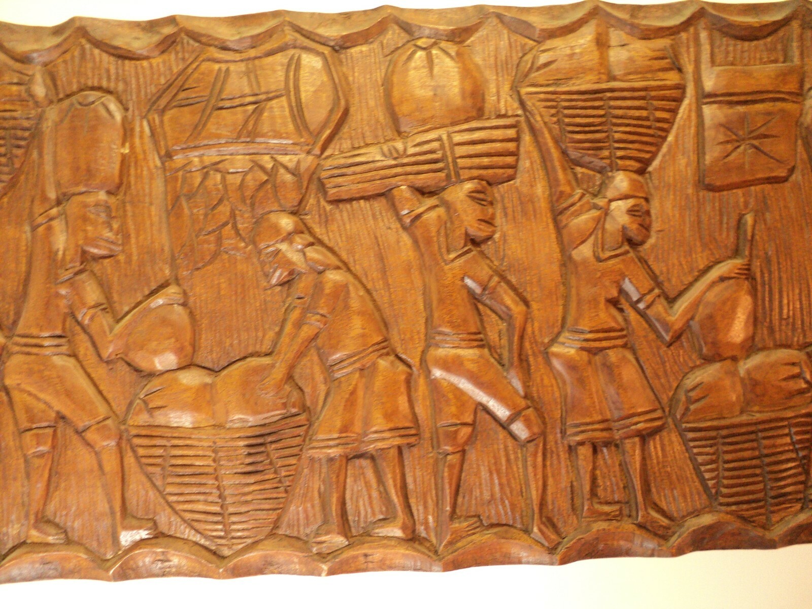 Vintage Hand Carved Wooden Market Scene. 23X13 inches. Islanders