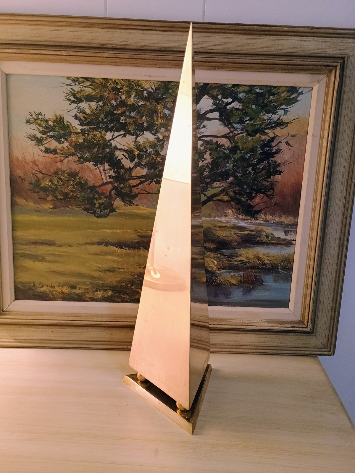 Vintage Brass MCM Eclectic Sculpture Obelisk, Pyramid Ball Base 19″
