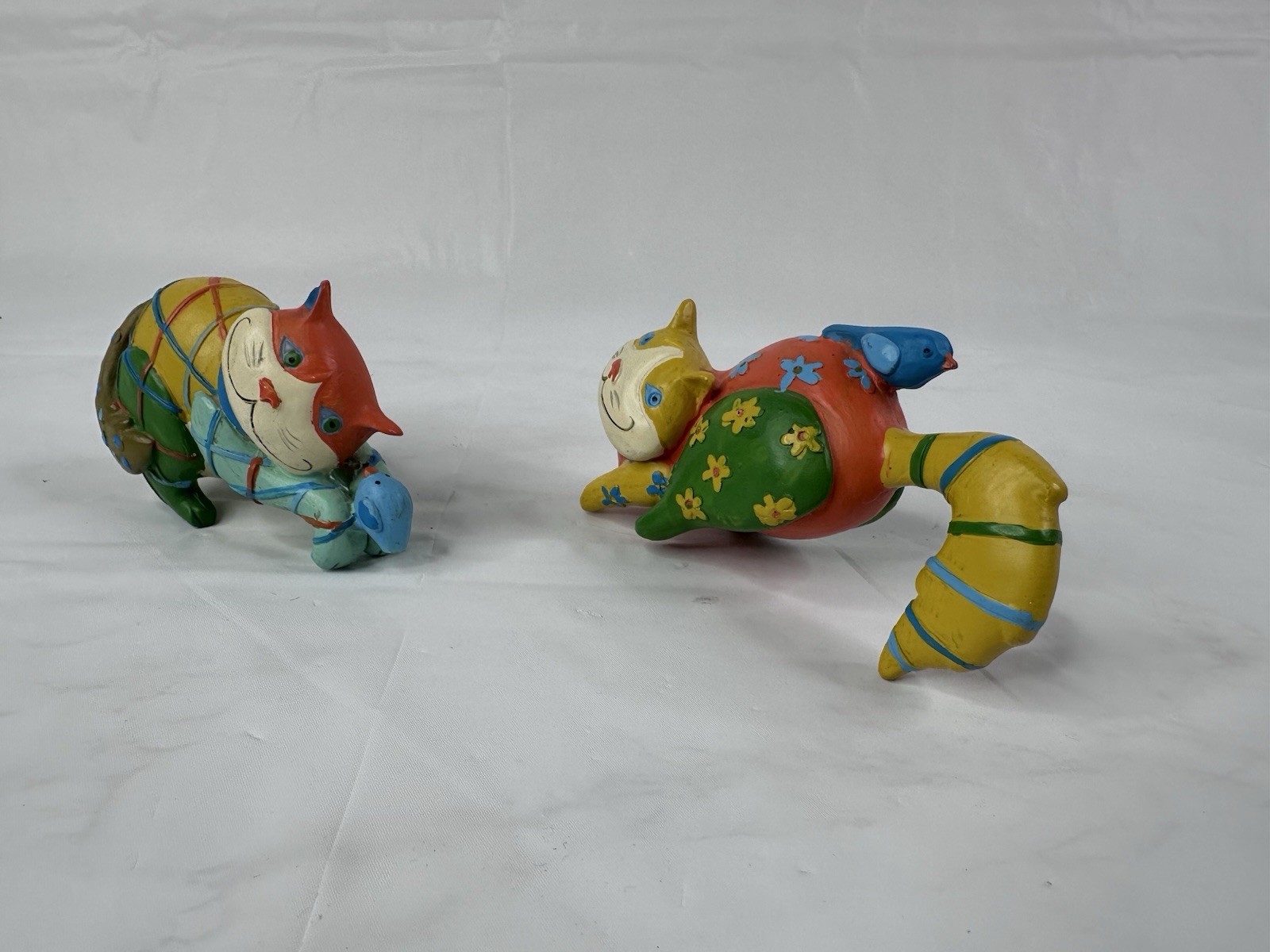 Whimsical Rainbow Primitive Folk Art Cats Figurine Resin Color Block