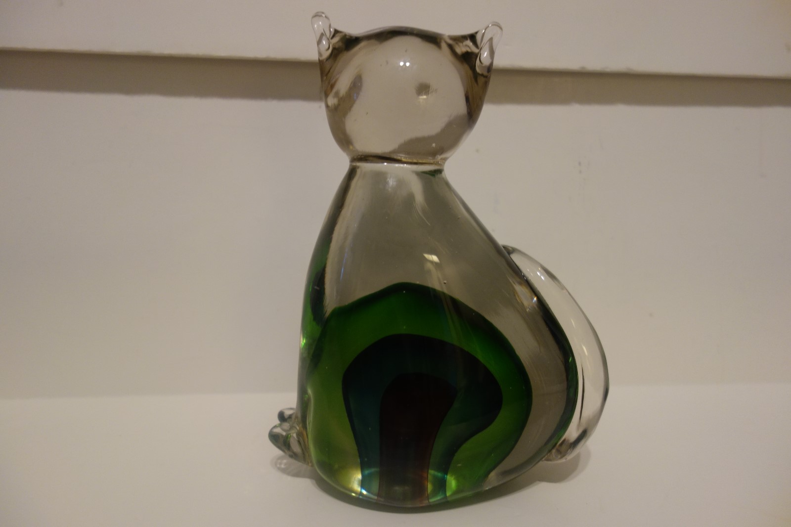 Murano Style Art Glass Handblown Cat Figurine Clear with Green
