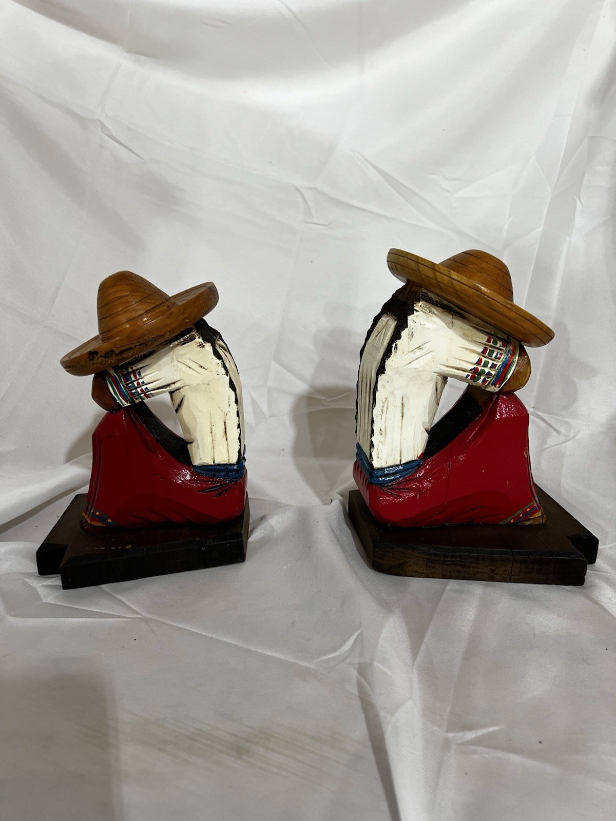 2pc Hand Painted Carved Wood Men Figurines w/ Sombrero Hats on Bases