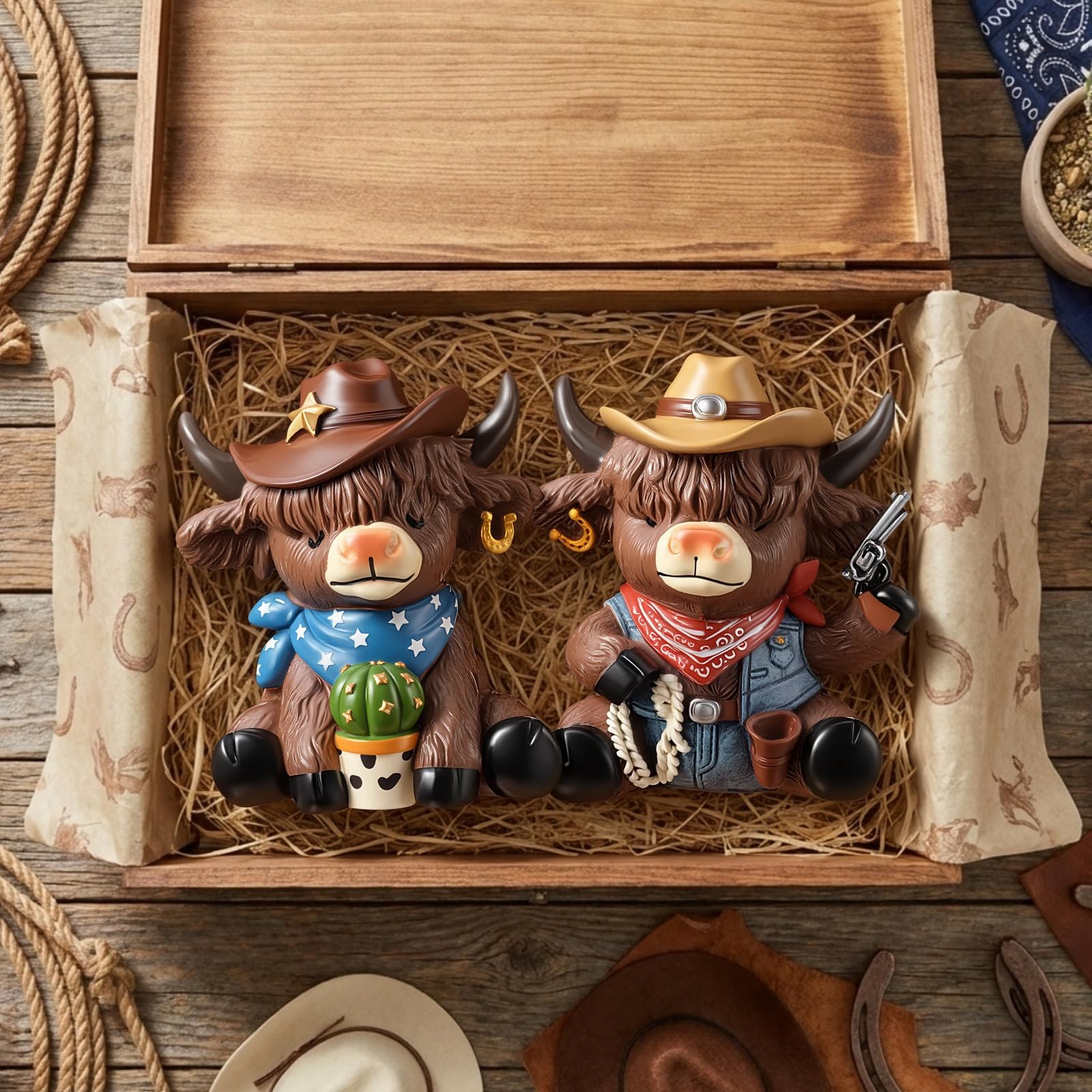 2 Pcs Cowboy Highland Cow Figurines, Western Resin Statue Set for Country and…