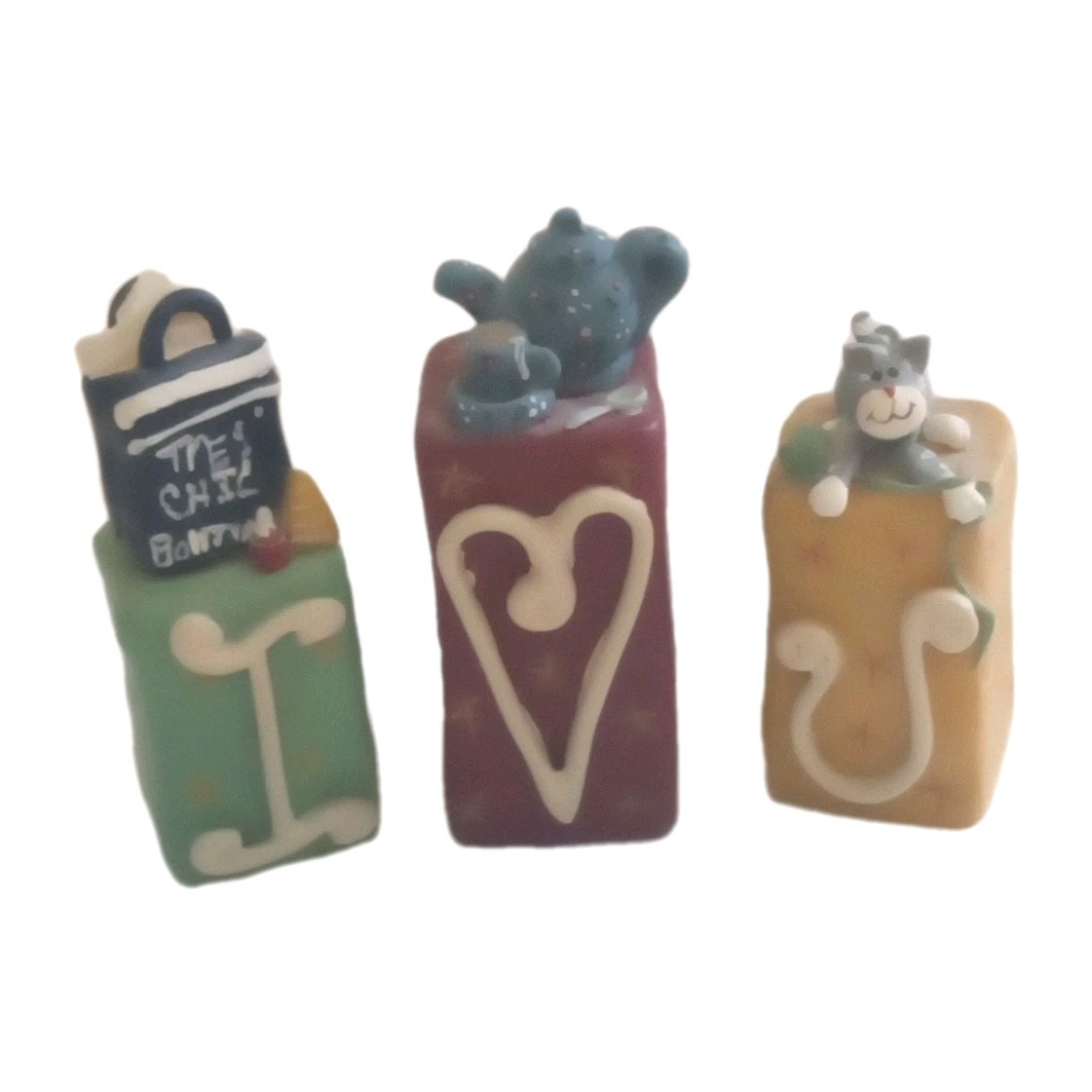 Vintage Folk Art Resin Miniatures 3 Blocks I Love You- I Heart U, 2″ Tall Cute