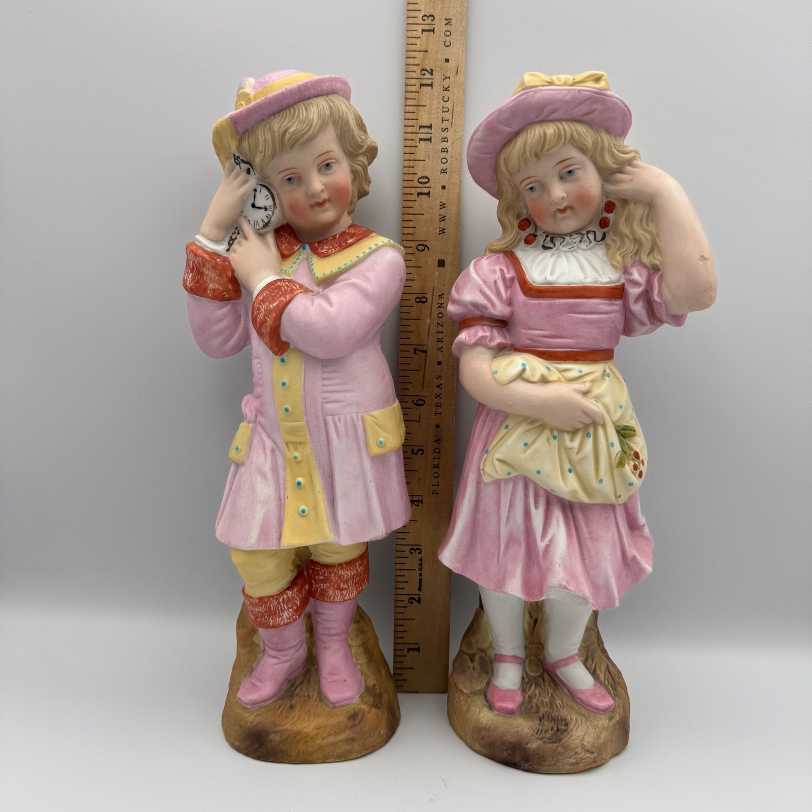 Victorian Antique Bisque Porcelain Children Figurines Couple Pink Outfits Clock