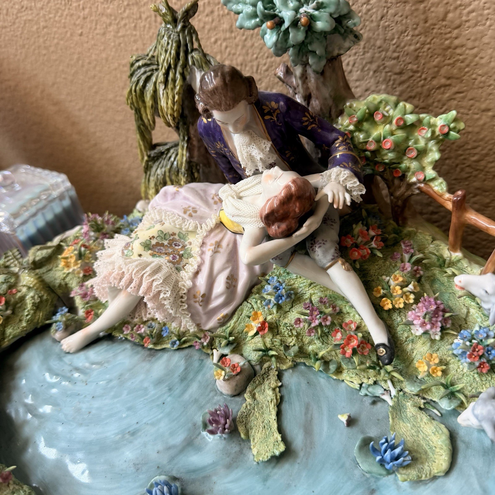 Sitzendorf Porcelain 1970s Two Young Lovers in Garden w/ Lambs Hand-painted