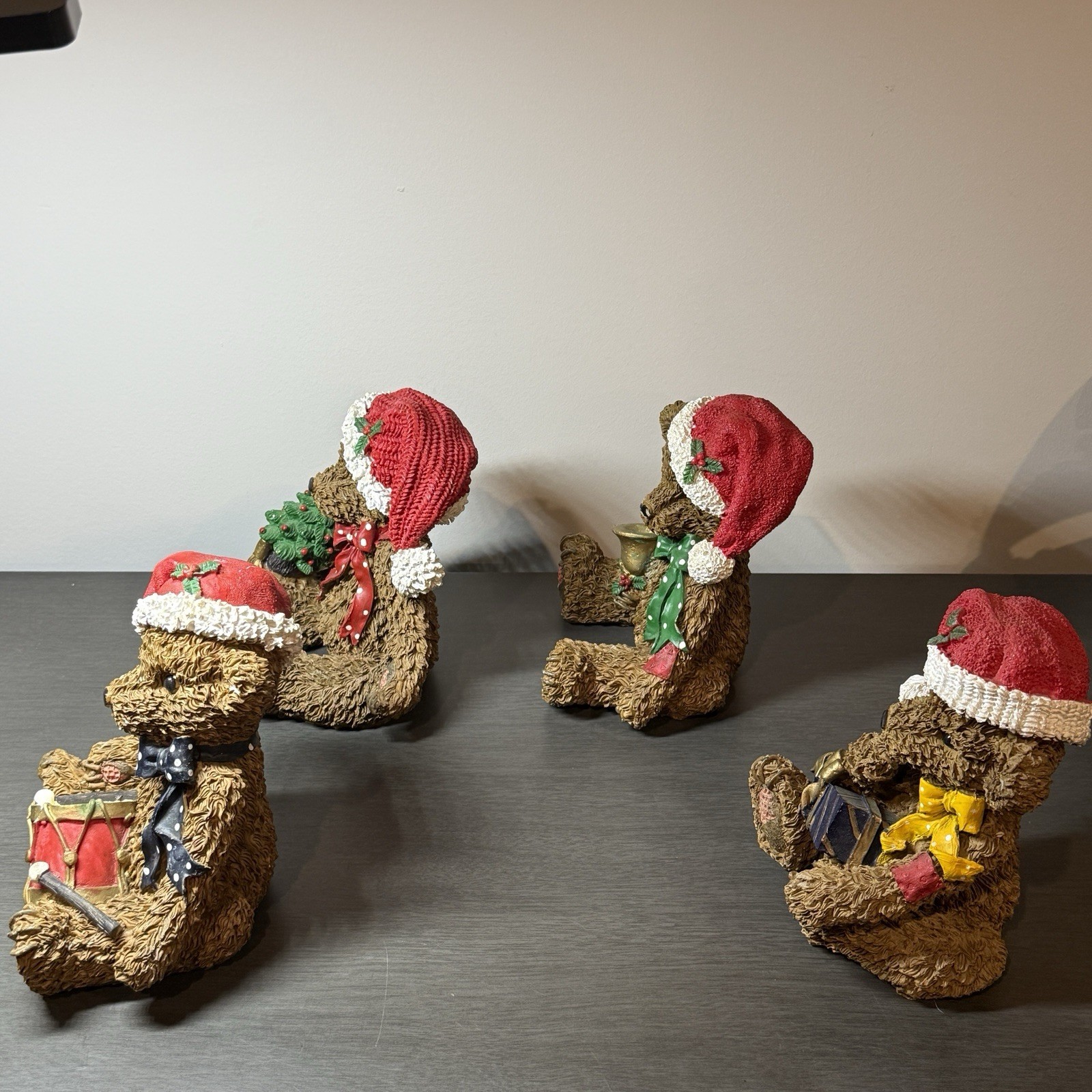 Set of 4 Resin Christmas Teddy Bears Santa Hats Figurine Gift Bell Tree Drum 6”