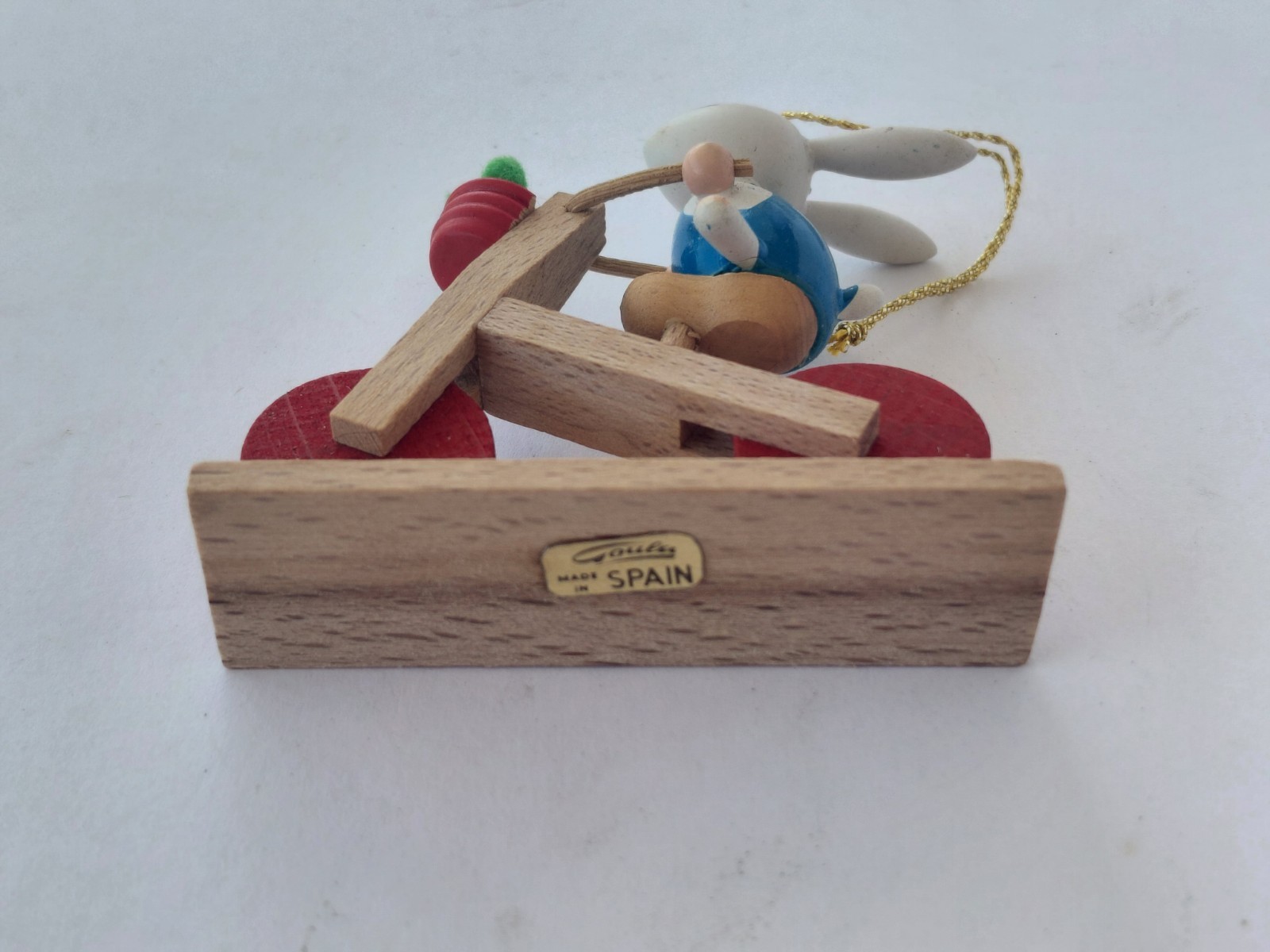 Vintage Goula Wood Christmas Easter Ornament Figurine Bunny Bicycle