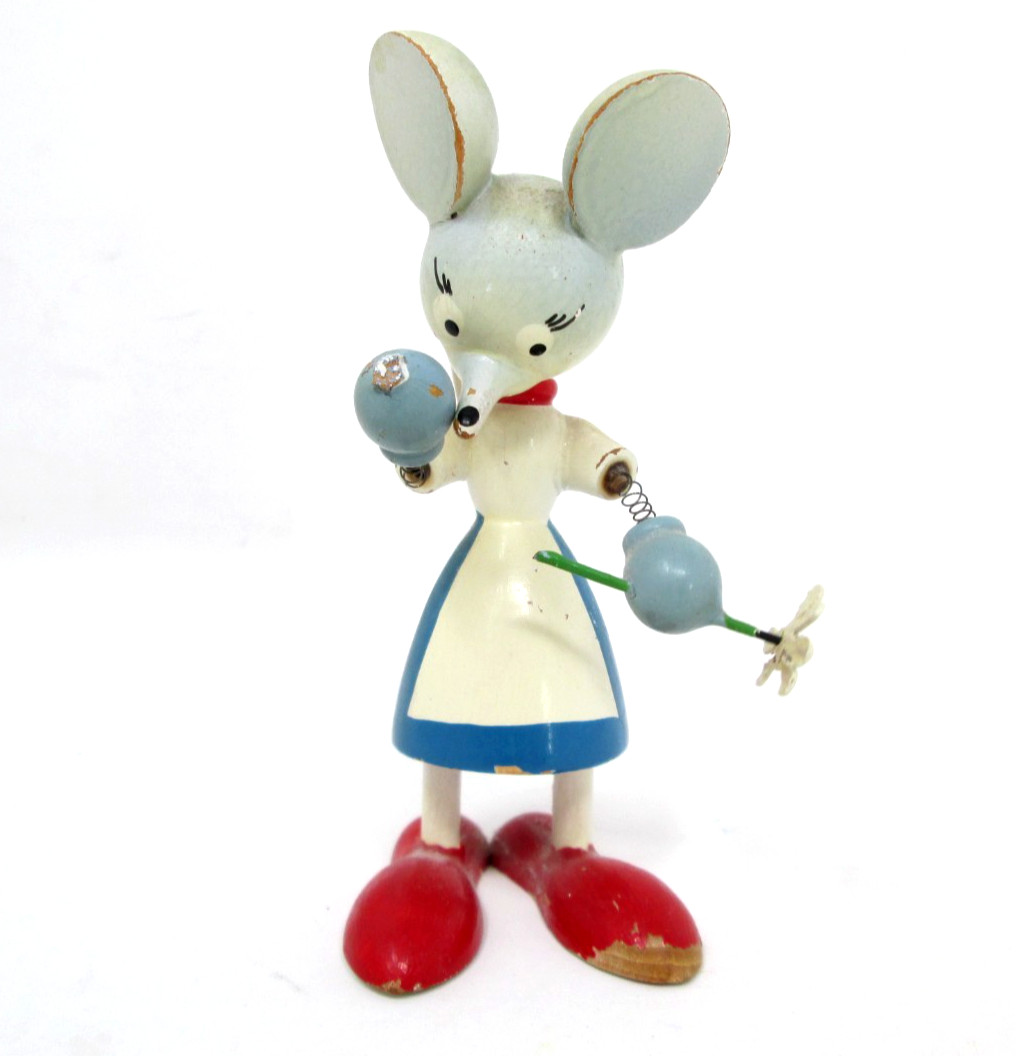 Vintage Goula Mouse Spring Bobble Head Wood Figurine Kitsch Anthropomorphic