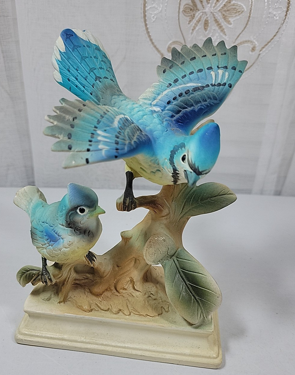 VTG Mom & Baby Blue Jay on Log w/Green Leaves. Porcelain Missing Flower Japan
