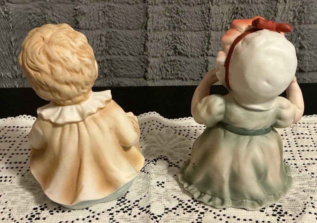 Vintage Lefton Piano Baby Figurines Boy Girl Set KW1927 Japan Porcelain Bisque