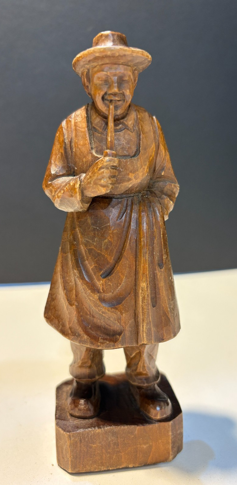Antique Hand Carved & Painted Old Man With Apron on & Smoking a Pipe