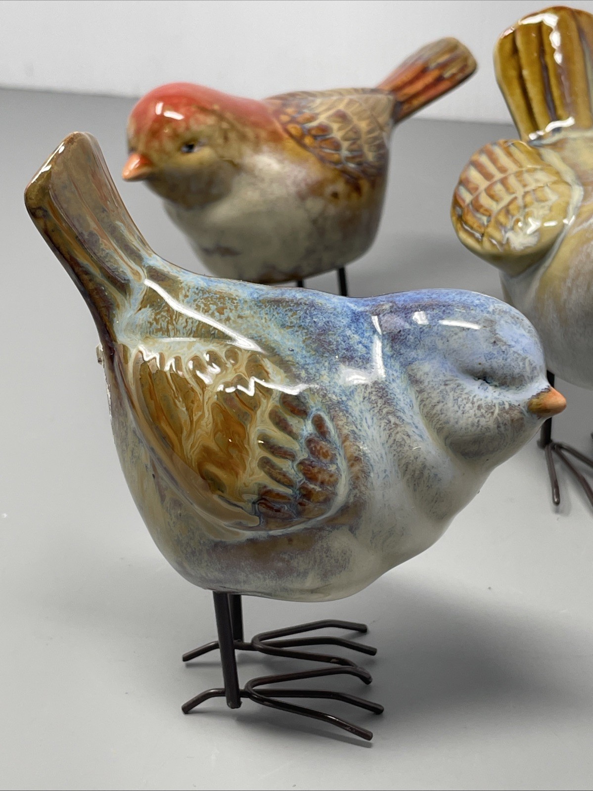 5 Vintage Ceramic Birds Figurine Glossy Finish Metal Legs Garden Decor