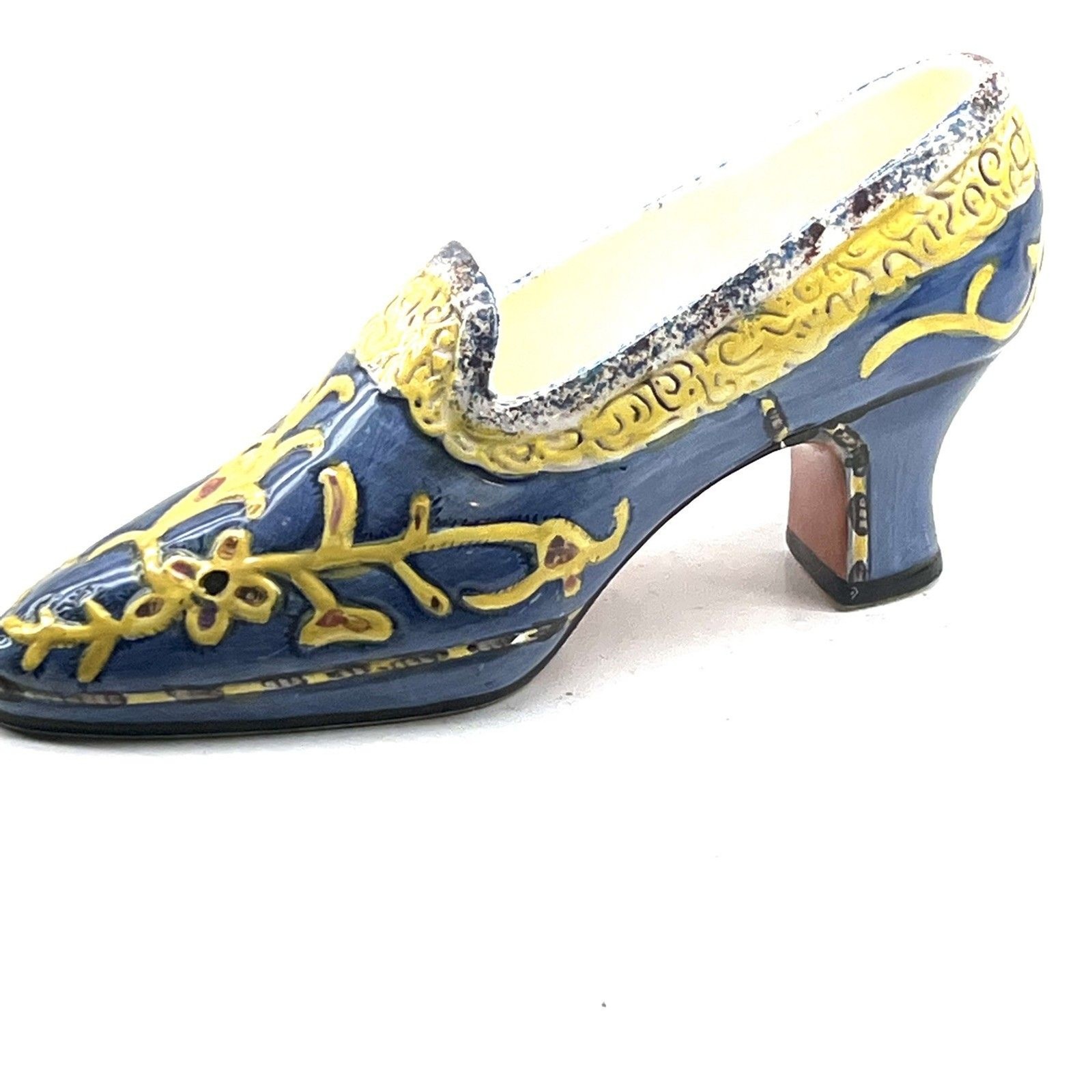 Decorative Colorful Painted Mini Ceramic Shoe 8″ Long. Blue And Yellow Design